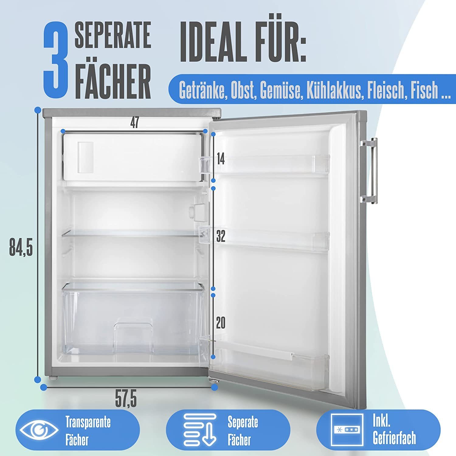 mit breit, cm 20L hoch, HKS Inox 4190, 56 kompakt Minibar Getränkekühlschrank cm Heinrich´s klein 40db leise: Gefrierfach Fridge, 84.5