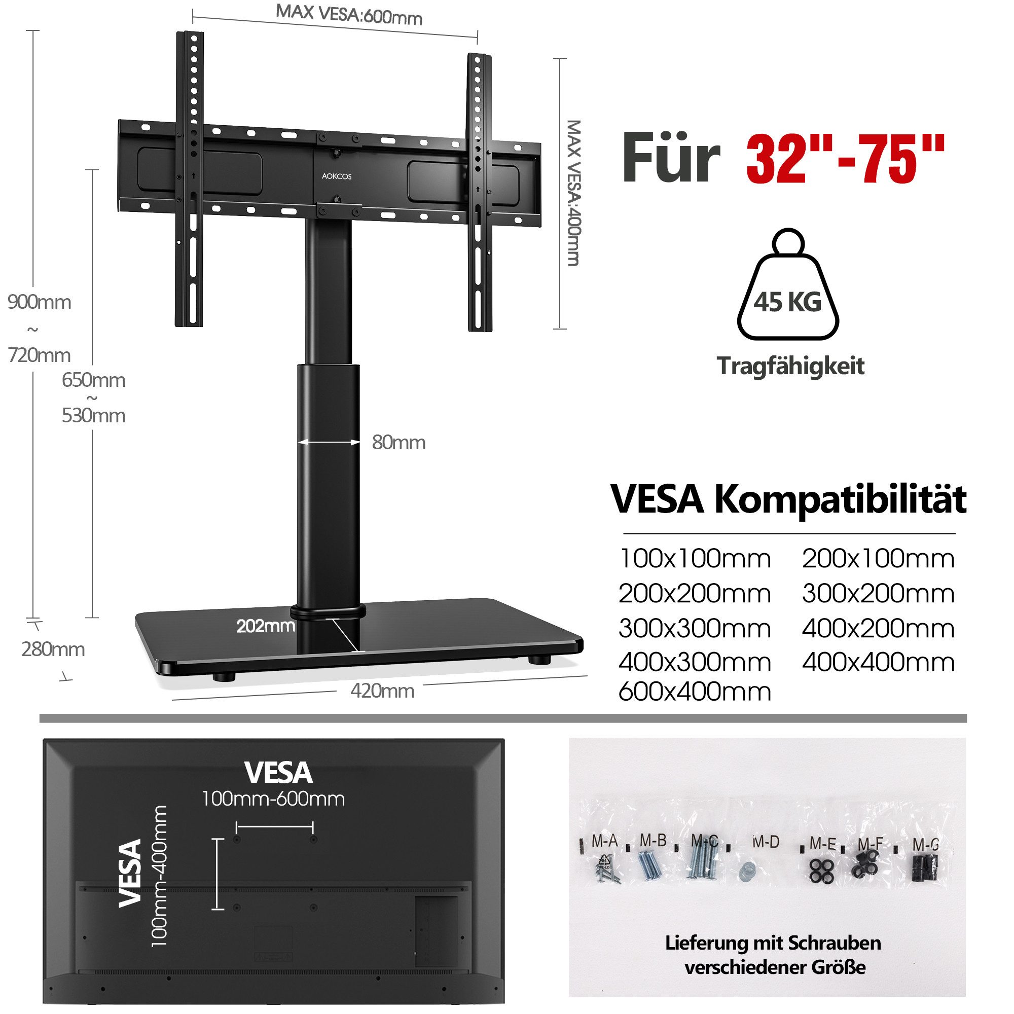 AOKCOS TV-Ständer, (bis 75 Zoll, Höhe 900mm)