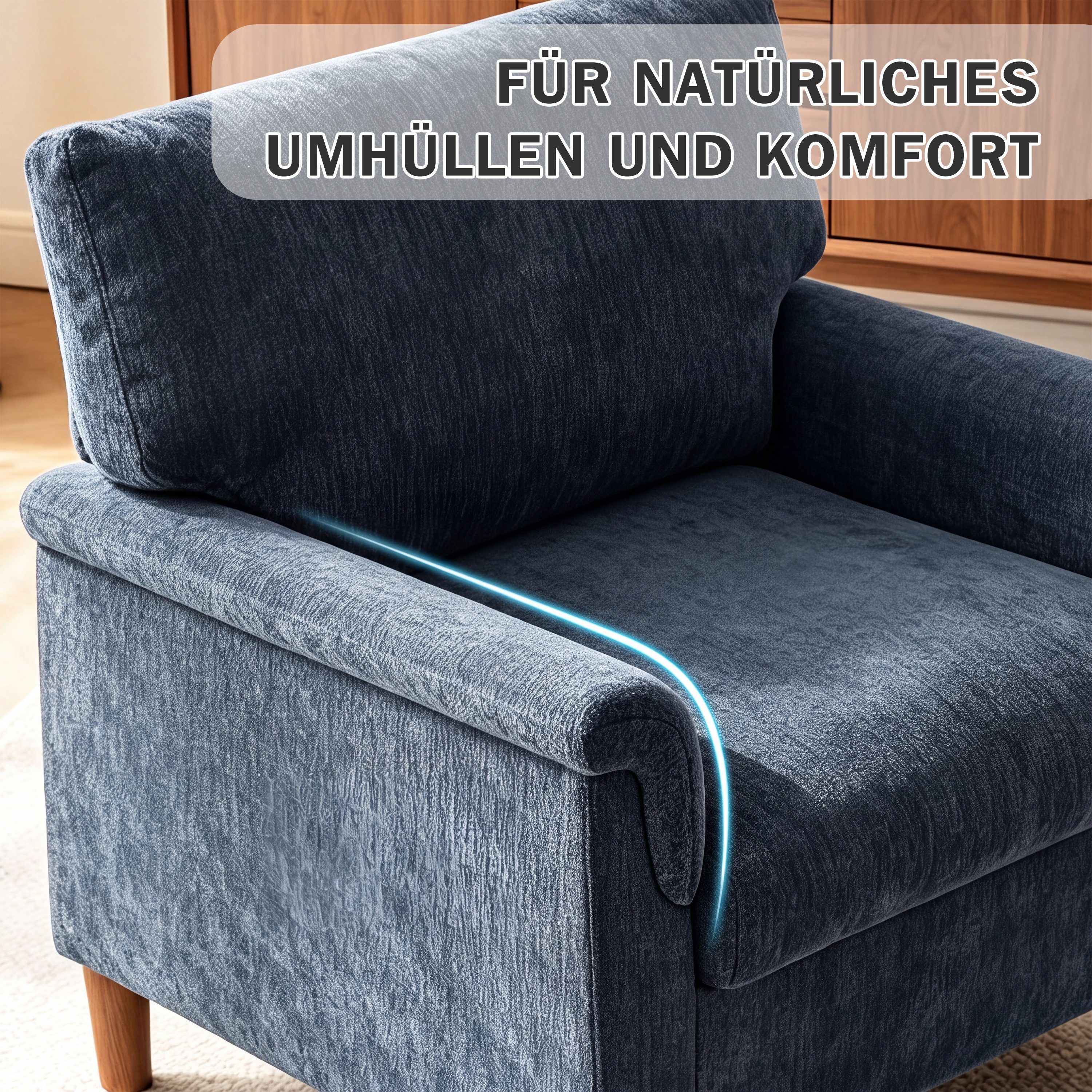 Vipbear Loungesessel Chenille-Sessel mit Massivholzrahmen, 150kg Belastbar (1-St), 82x81x88cm, blau – Bild 5 von 5