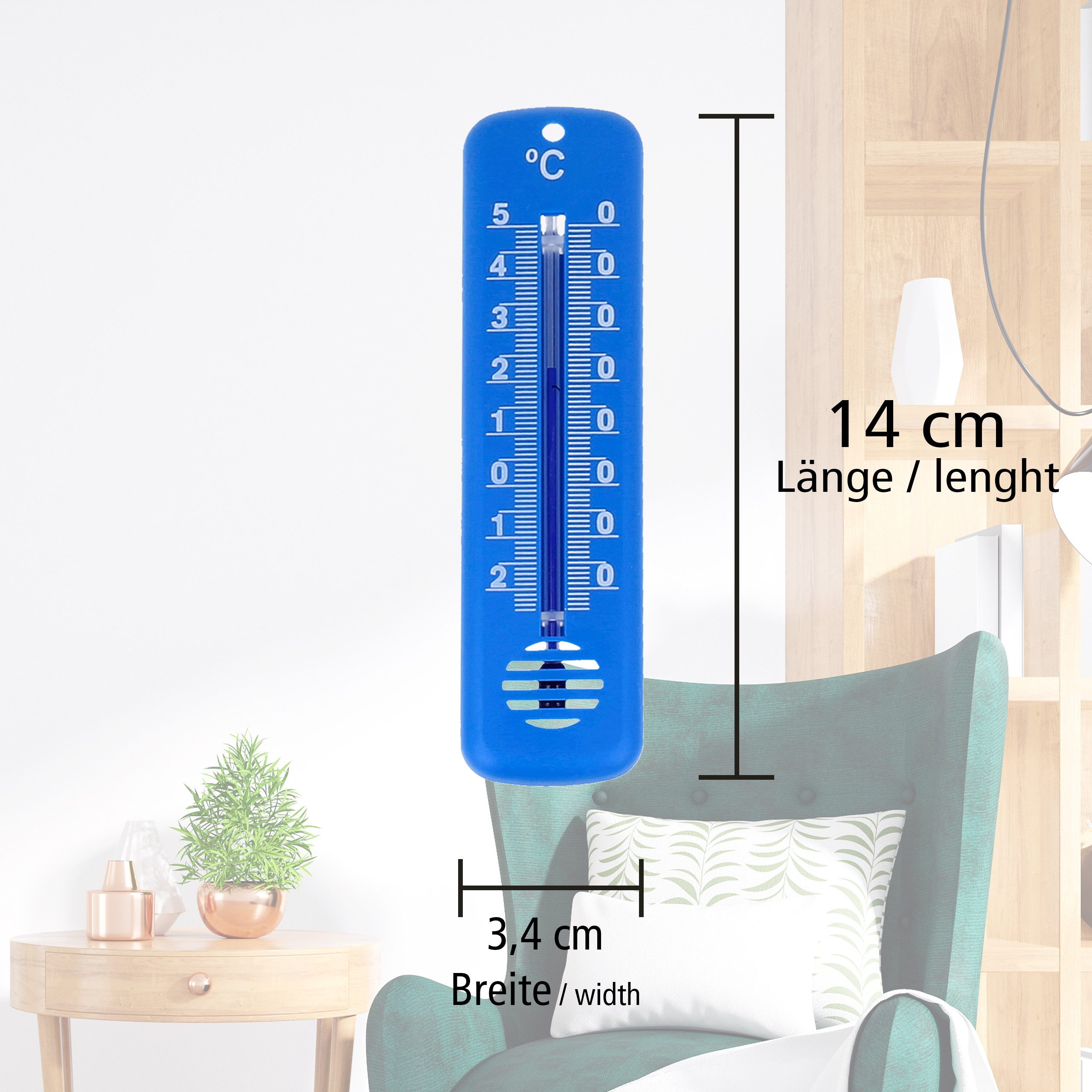 Lantelme Raumthermometer 3 Stück Set Außen Garten Innen Thermometer Farbwahl Außenthermometer, Kunststoff Hauswand Thermometer in den Farben Blau, Grün, Pink, Weiß, Deutsche Herstellung, Temperatur -25 °C bis 50 °C Analog, 14cm Lang