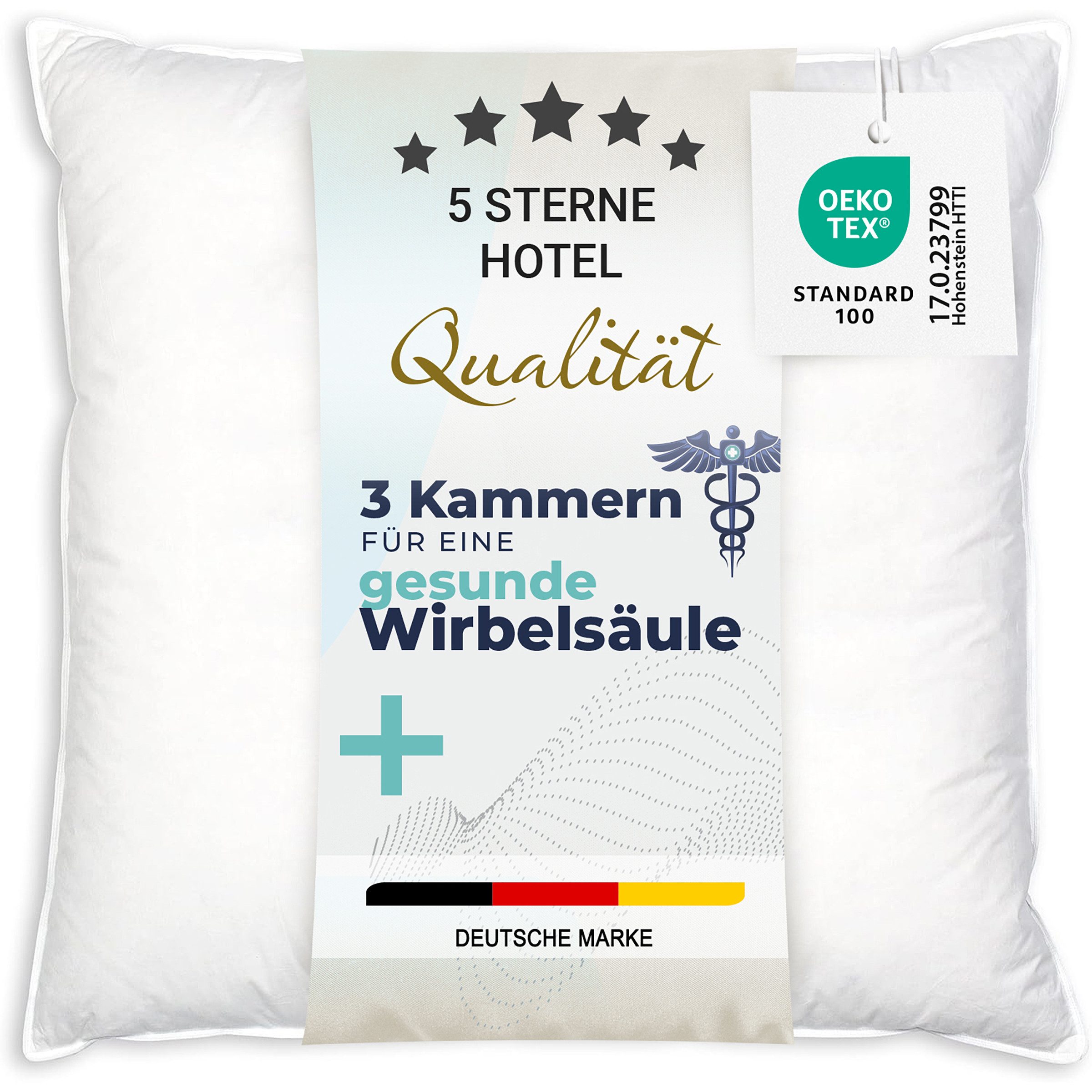 ZOLLNER Kopfkissen, Füllung: 90% Daunen, 10% Federn, Seitenschläfer, Rückenschläfer, 80 x 80 cm, 100% Baumwolle, vom Hotelwäschespezialisten