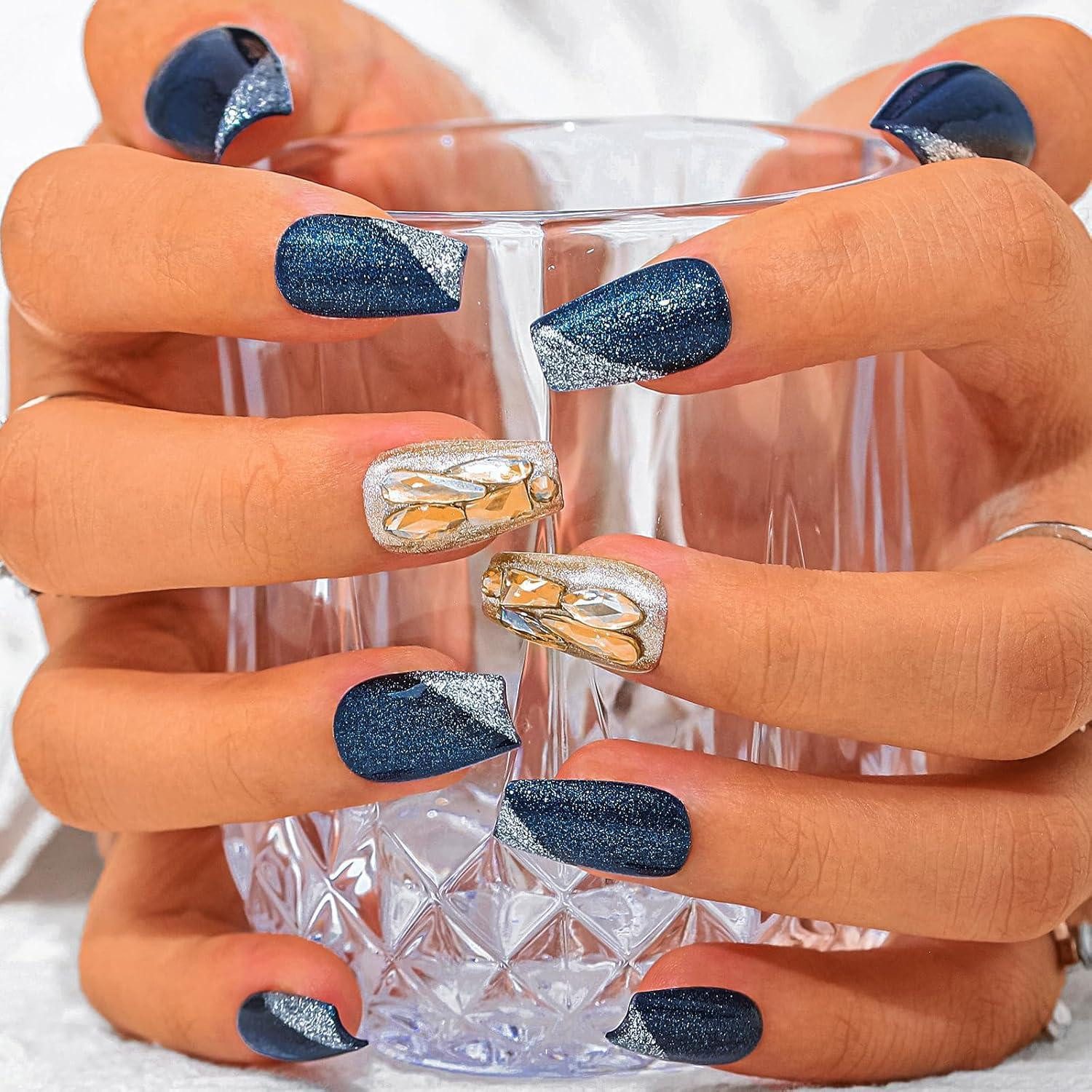 LuxusKollektion Kunstfingernägel Künstliche Nägel Blau Strass Sarg Katzenauge Kristall A