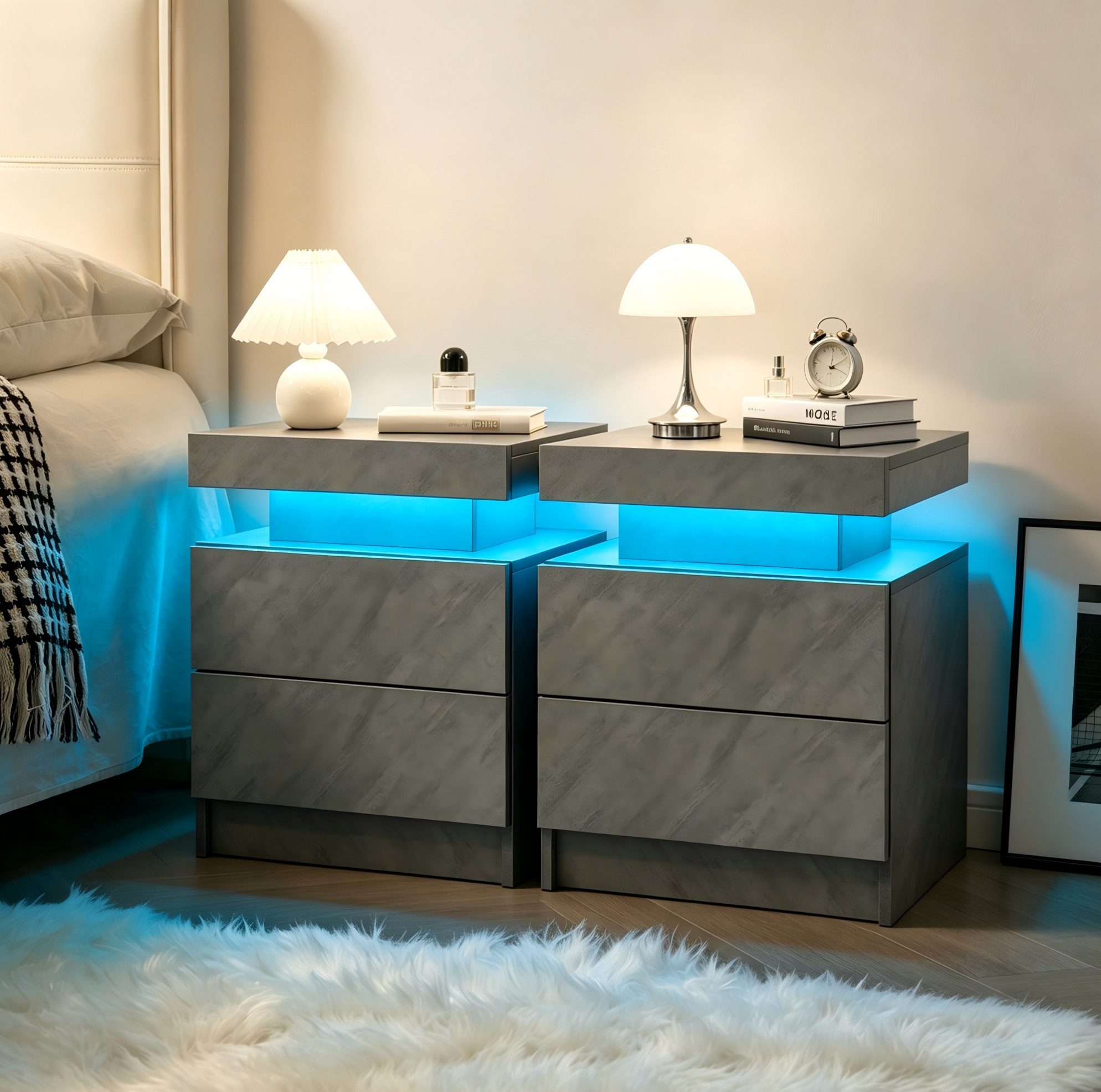 REDOM Nachttisch Modern (mit 2 Schubladen, Beleuchtung, Sideboard für Schlafzimmer, 2-St., 49 cm (L) x 35 cm (B) x 52 cm (H)