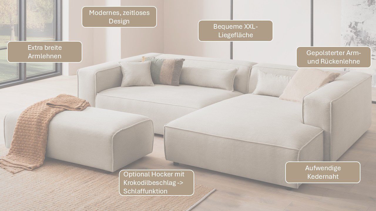 LeGer Home by Lena Gercke Ecksofa PIARA XXL, L-Form, Schlaffunktion, Cord, Leinenoptik o. Strukturstoff, Hocker stellbar zum Schlafsofa (Krokodilverbinder), tiefe Sitzfläche