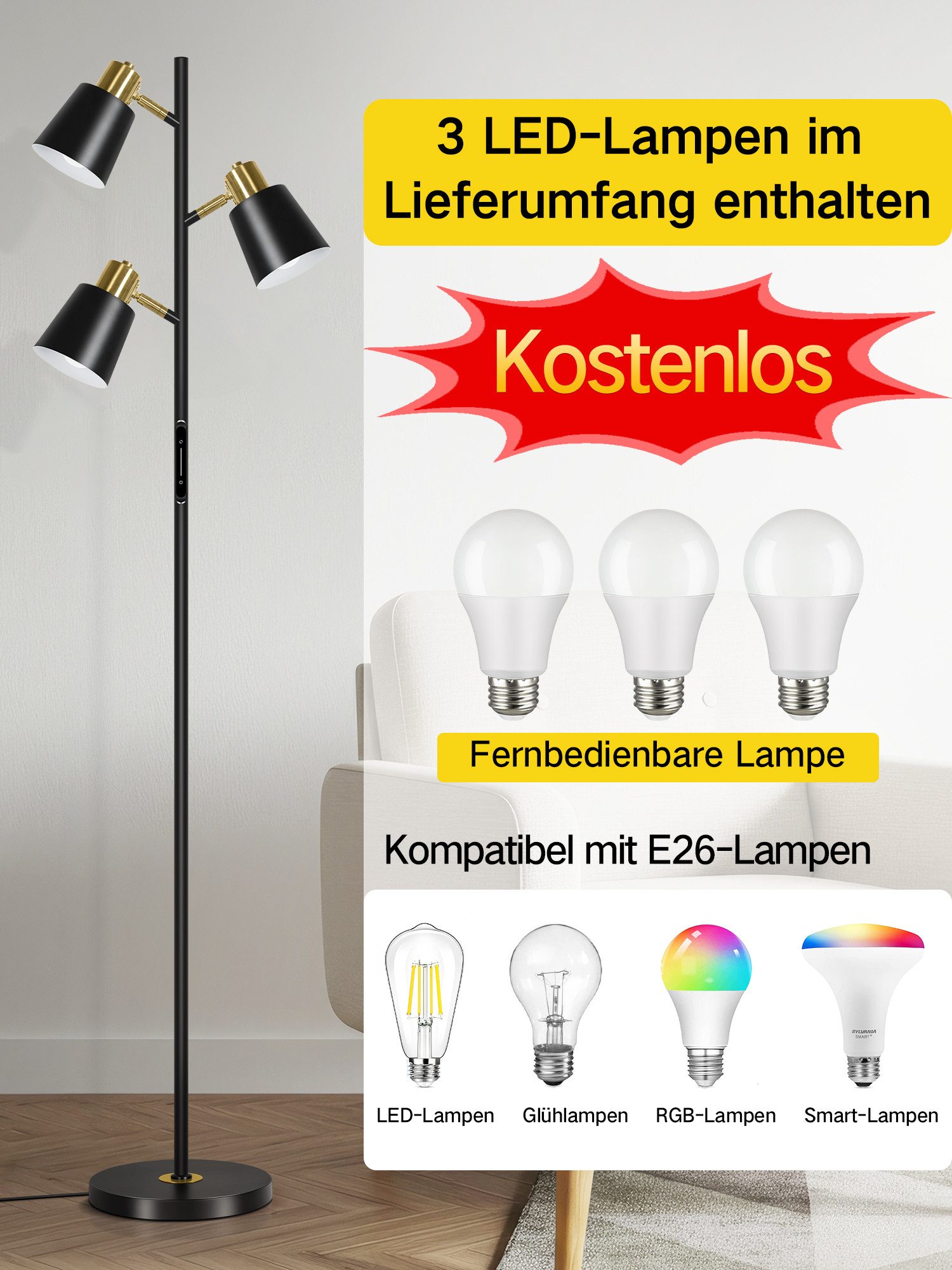 OUTON Stehlampe Dimmbare Stehlampe mit 3 Köpfen, Touch & Fernbedienung, 3000-6500K, LED wechselbar, 2.5kg Basis, schwarz