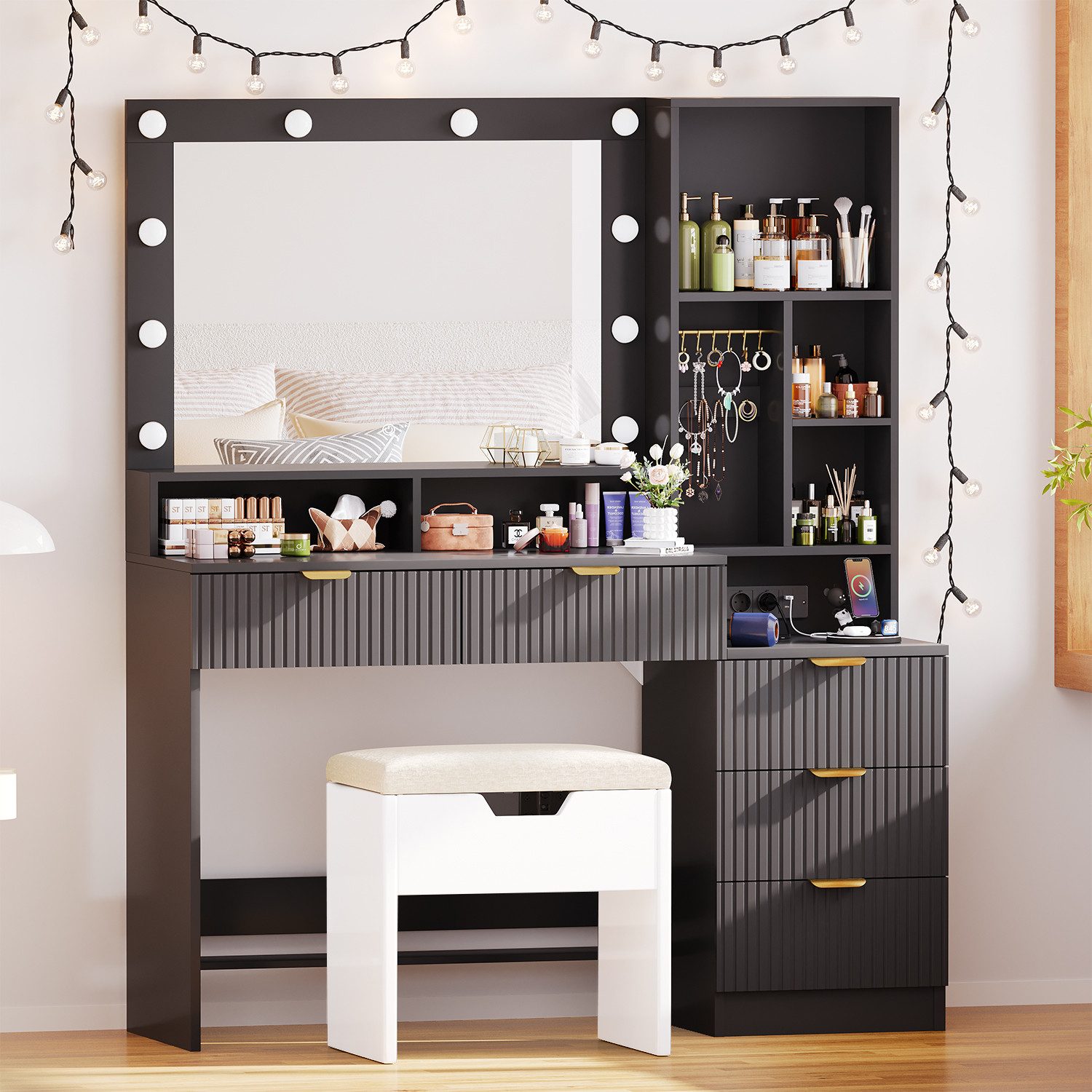 HOMALL Schminktisch Vertikale Streifen mit 5 Schubladen und 7 offenen Fäche günstig online kaufen