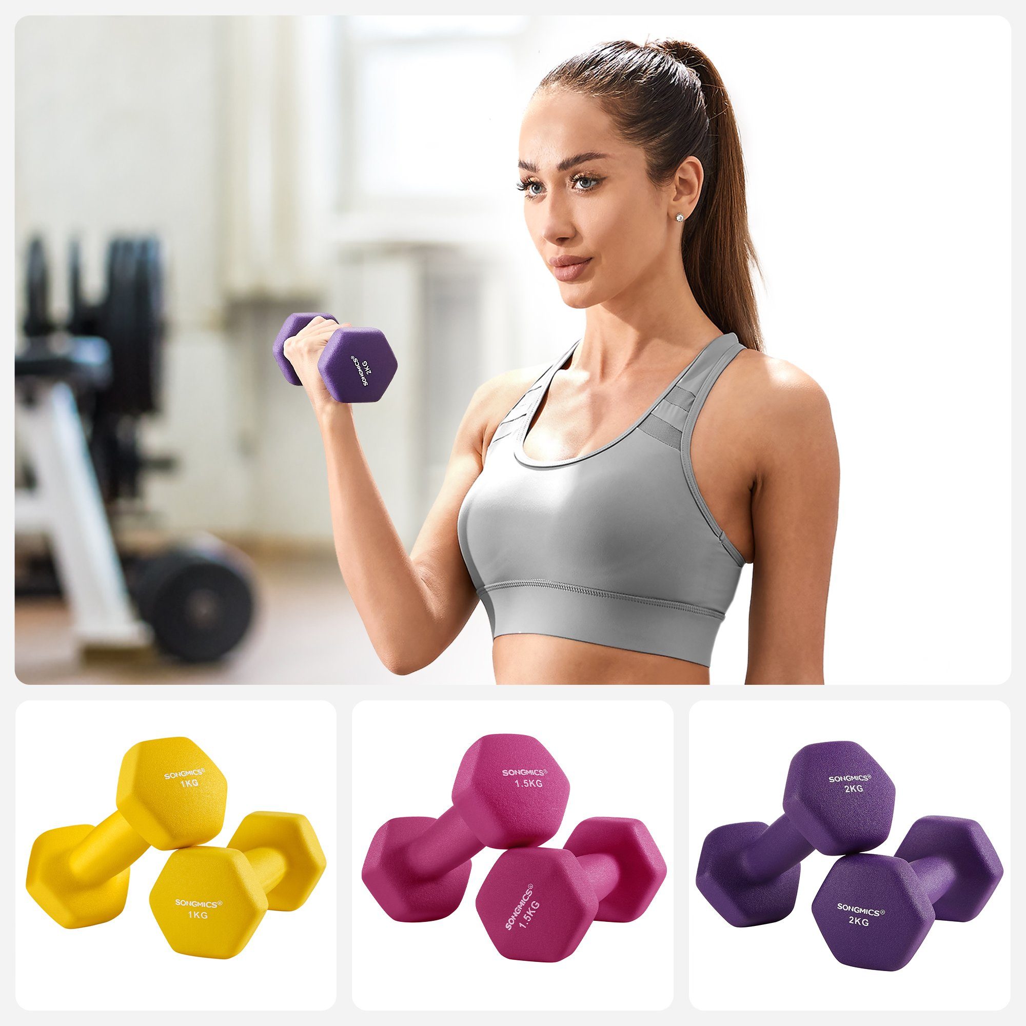SONGMICS Hantel-Set Kurzhantel Set, 2 x 1 kg, 2 x 1,5 kg, 2 x 2 kg, Krafttraining, Hause, Hexagon, mit Hantelständer, Neopren-Beschichtung, gelb, rosa und lila