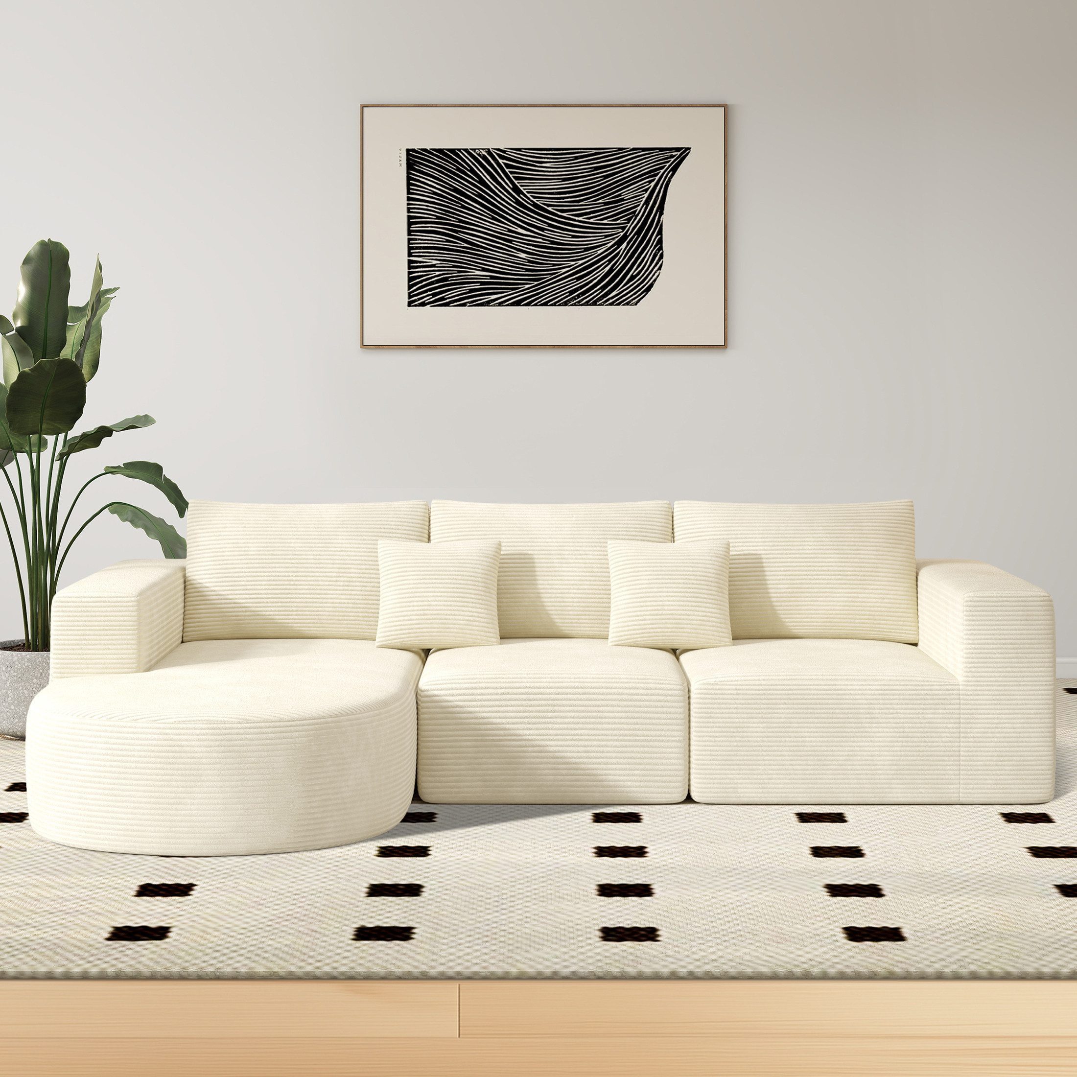 HawthyHome Sofa Cloud-Cord Ecksofa L-form 264x177cm, 1 Teile, Montagefrei Couch mit zwei Kissen für Wohnzimmer & Schlafzimmer
