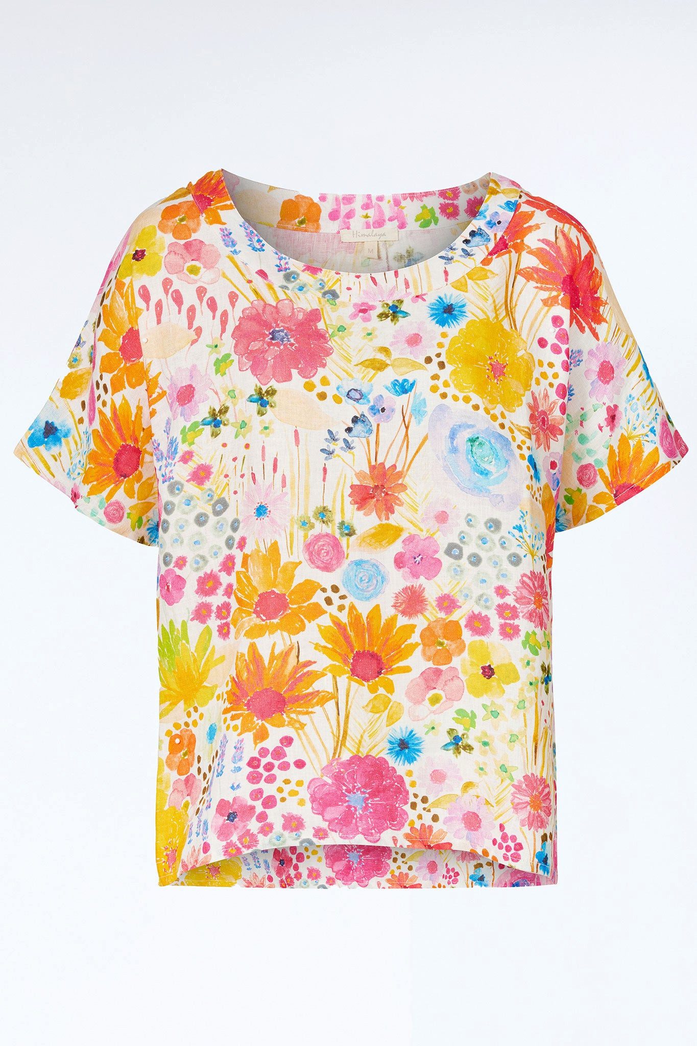 Himalaya Clothing Kurzarmbluse Bluse aus hochwertigem Leinen mit farbenfrohem Wiesenprint Gerade Leinenbluse mit luftigem Tragegefühl