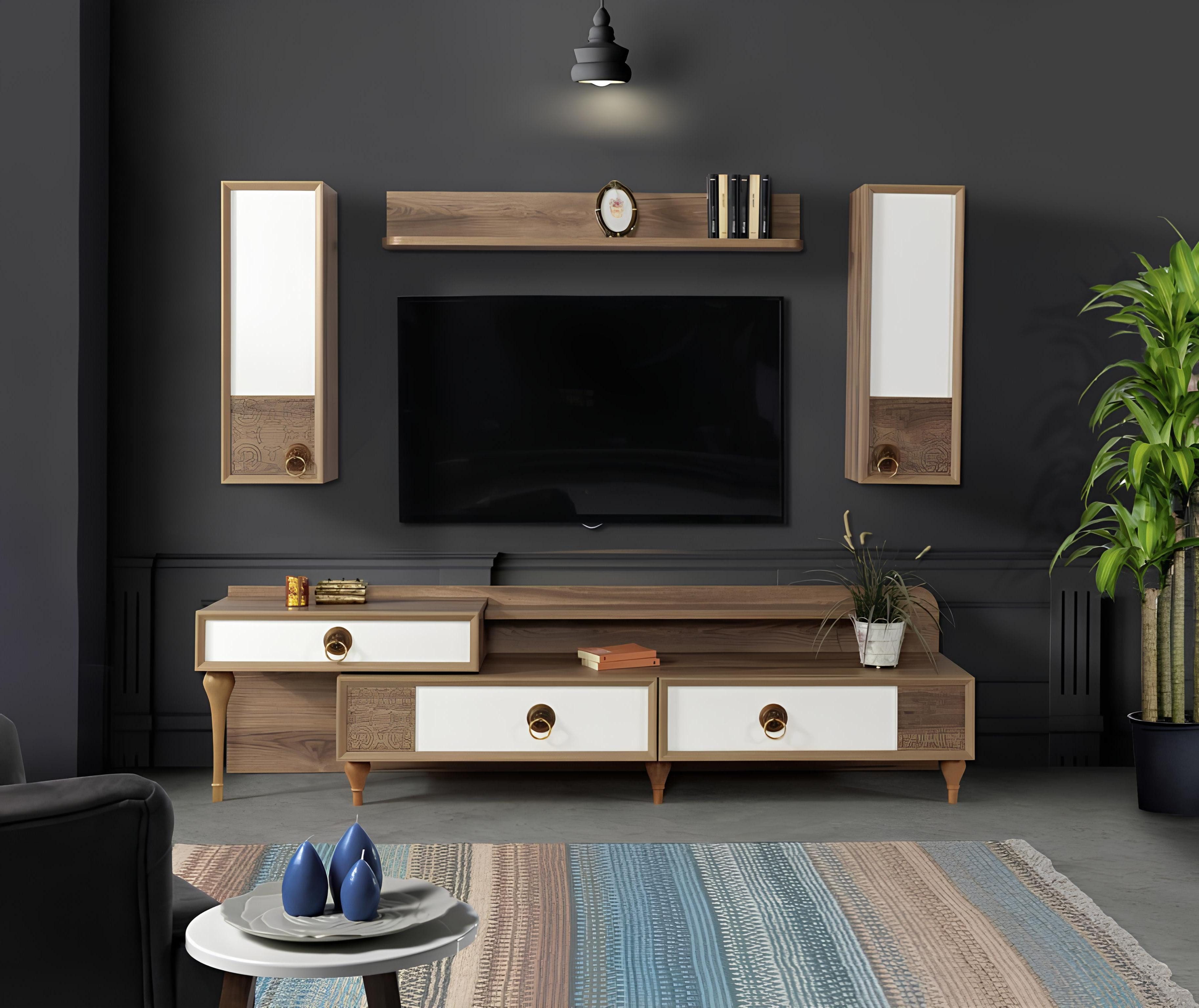Xlmoebel Wohnwand Moderne Holz-Wohnwand in Braun mit RTV-Lowboard für Wohnzimmer, (3-St., Wohnwand), Hergestellt in Europa