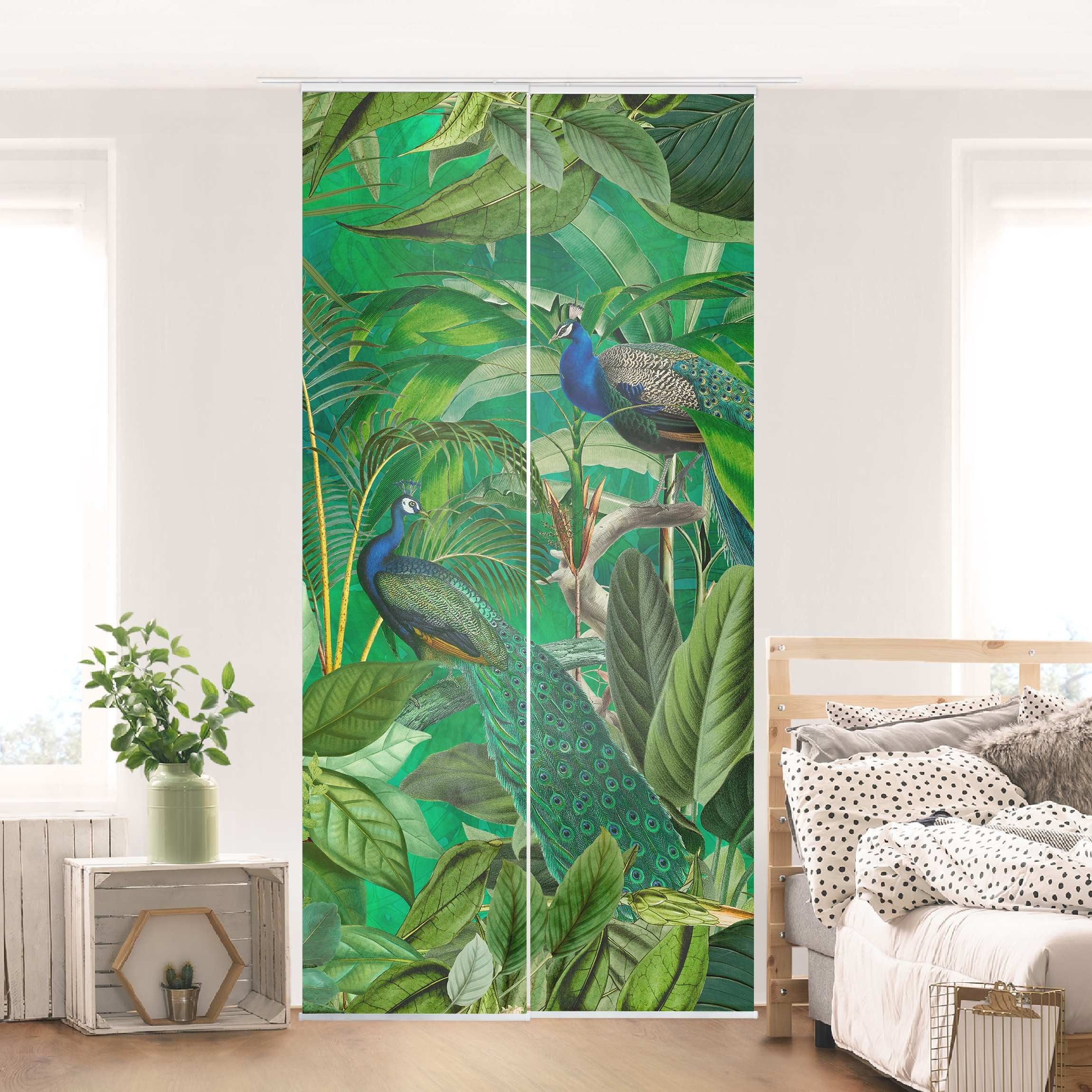 Bilderdepot24 Schiebegardine modern Flächenvorhang blickdicht Pfauen günstig online kaufen