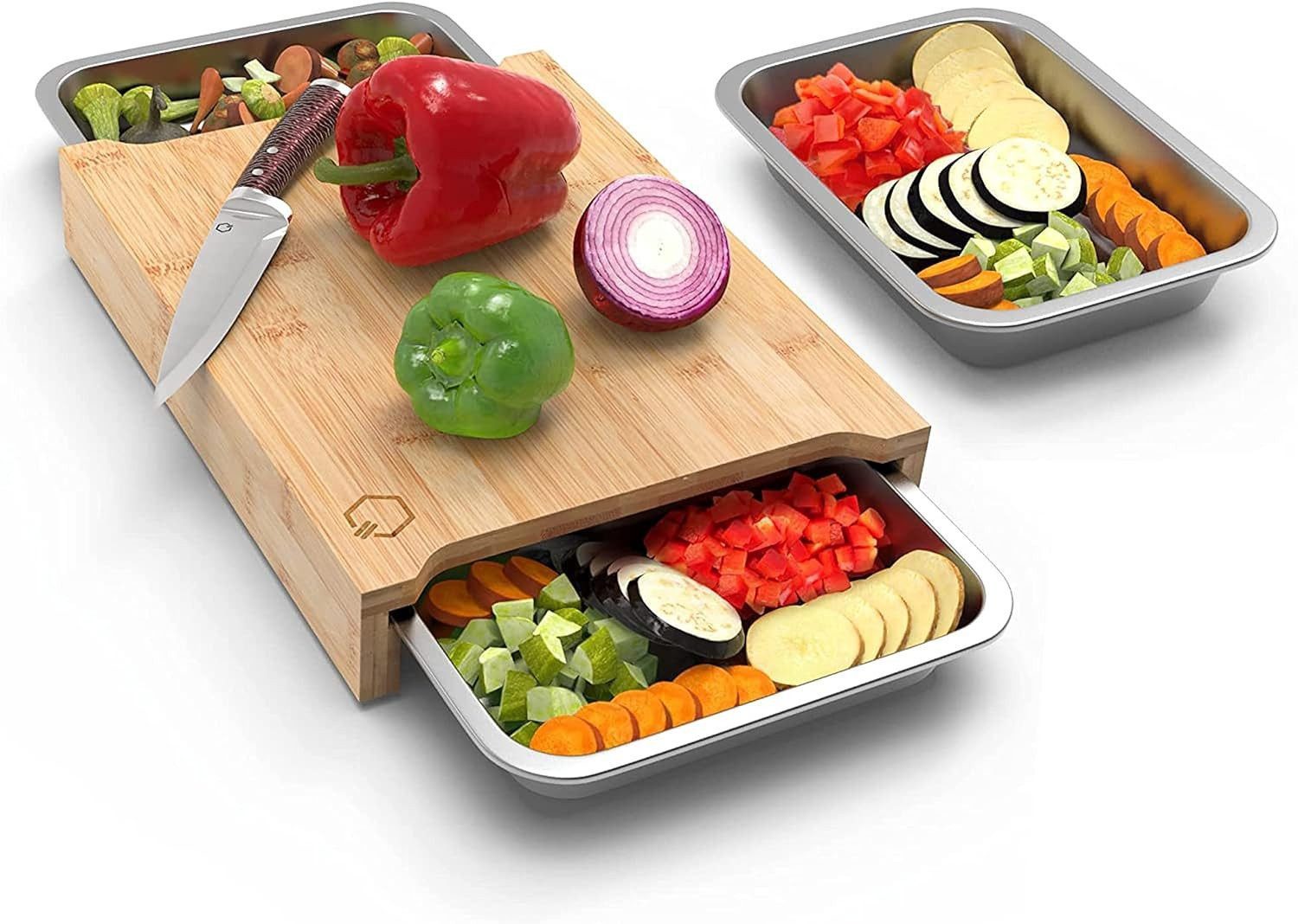 Faizee Möbel Schneidebrett Bambus Schneidebrett mit 2 Auffangschalen aus Edelstahl, Bambus/Edelstahl