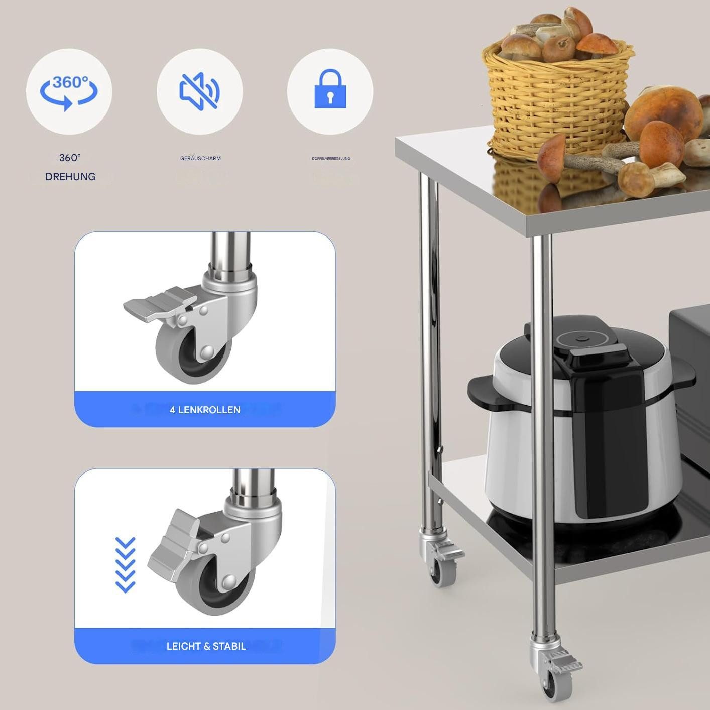 GarveeMore Arbeitstisch (4 Rädern, Verstellbares Regal), 150 kg Tragkraft