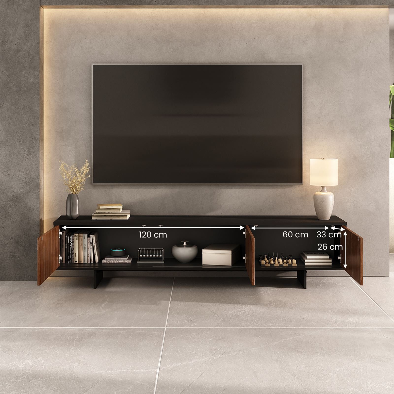 IDIMEX Lowboard ARTO, Niedriges Sideboard 185 cm Massivholz Fronten Schwarz/Kastanie Finish