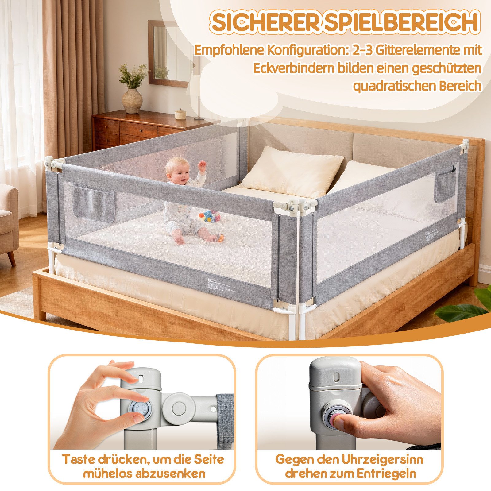 Huracan Bettschutzgitter Bettgitter Baby 150/180/200cm, Höhenverstellbarer (Rausfallschutz Bett für Boxspringbett, Elternbett, vertikales Heben, 1 St., Bettschutzgitter für Babys Kinder), Klappbar Kinderbettgitter mit Befestigungsband
