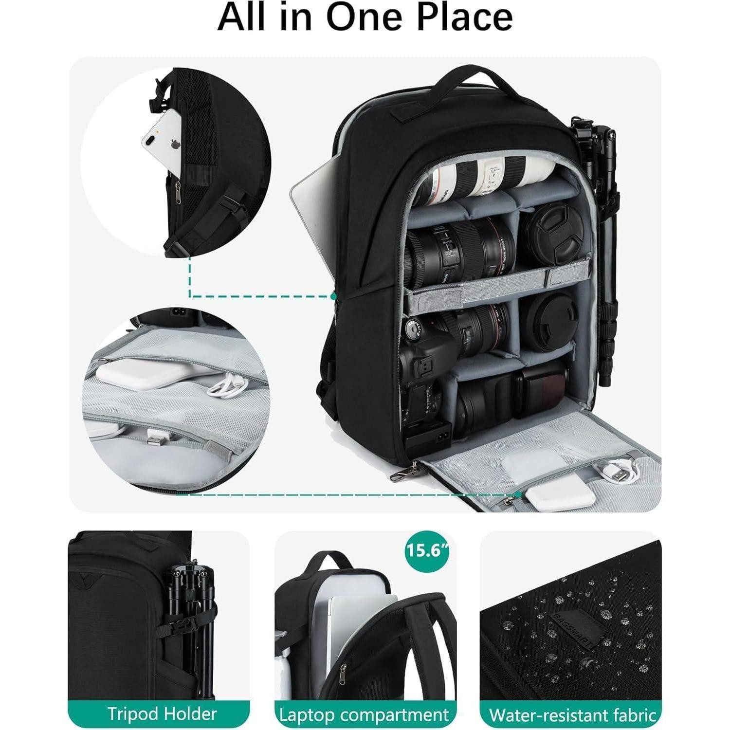 LuxusKollektion Fotorucksack Kamerarucksack 15,6-Zoll Schwarz Wasserfest Stativhalter