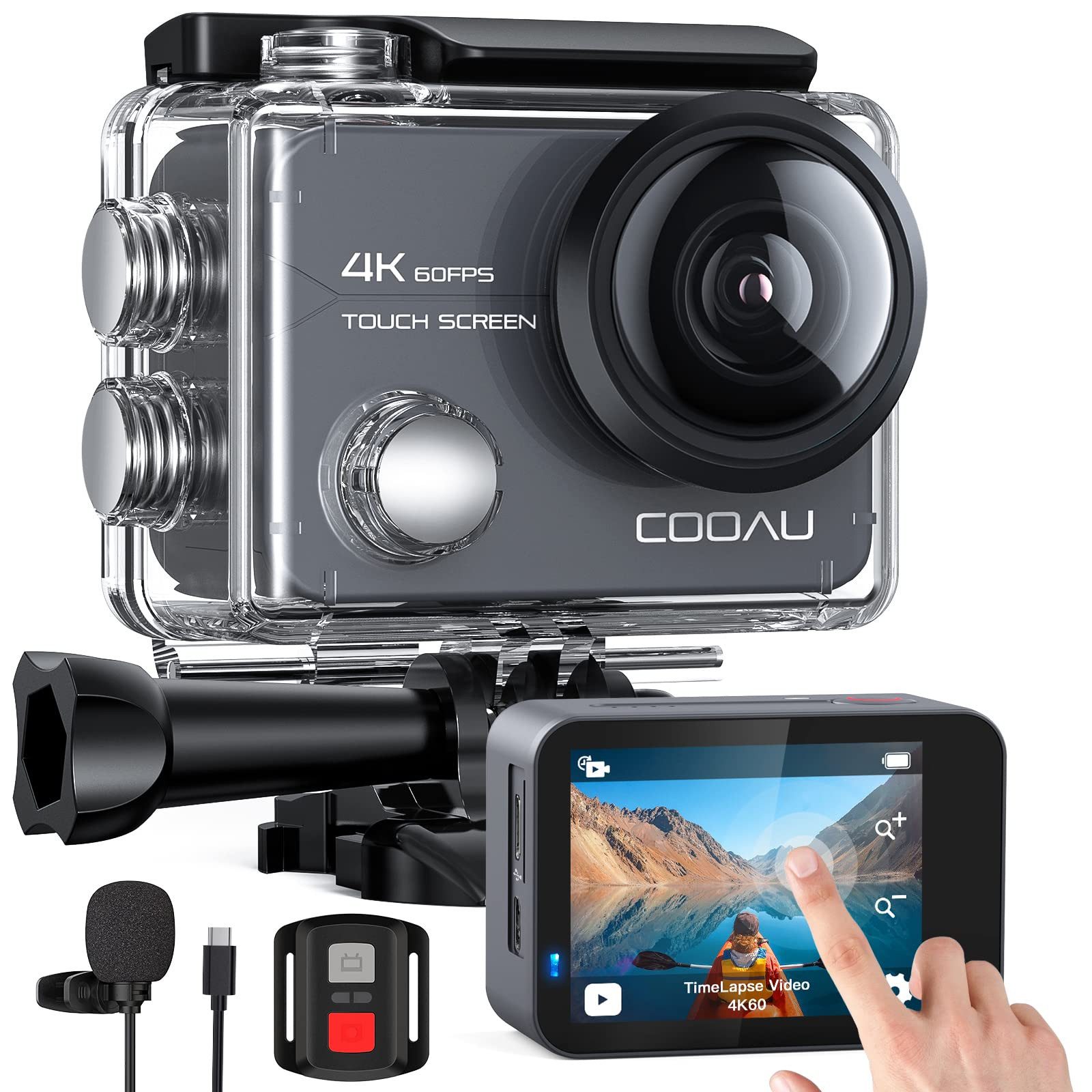 COOAU Action Kamera/Unterwasserkamera Action Cam (4K/60FPS, WLAN (Wi-Fi), 4K 20MP, mit Bildstabilisierung Zoom Zeitraffer, Schwarz)