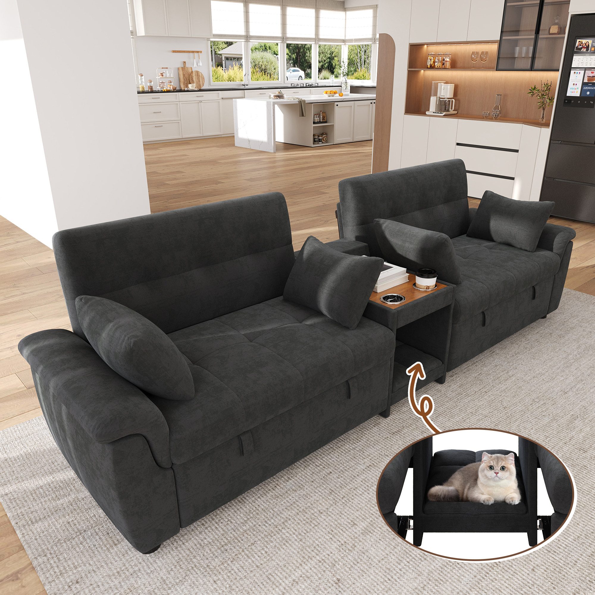 Flieks Sofa U-Form Schlafsofa Ecksofa verstellbare Rückenlehne, 2 Becherhaltern, 284×138×89 cm, Doppelsofa Couch mit Bettfunktion, Haustierbereich Chenille Dunkelgrau