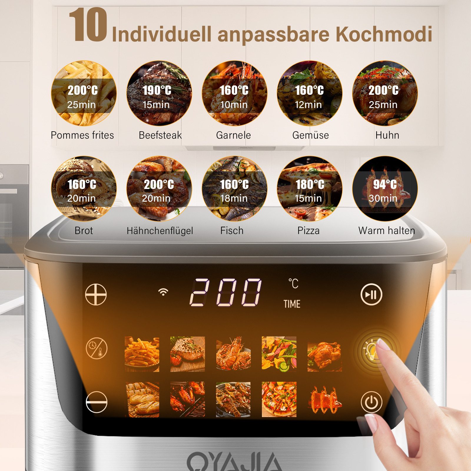 oyajia Heißluftfritteuse 9 Liter XXL Air Fryer, 10in1 Heißluftfritteuse, Farb-LED-Display mit Sensor-Touch Bedienung, fettfreie Zubereitung, inkl. Timer, platzs – Bild 4 von 5