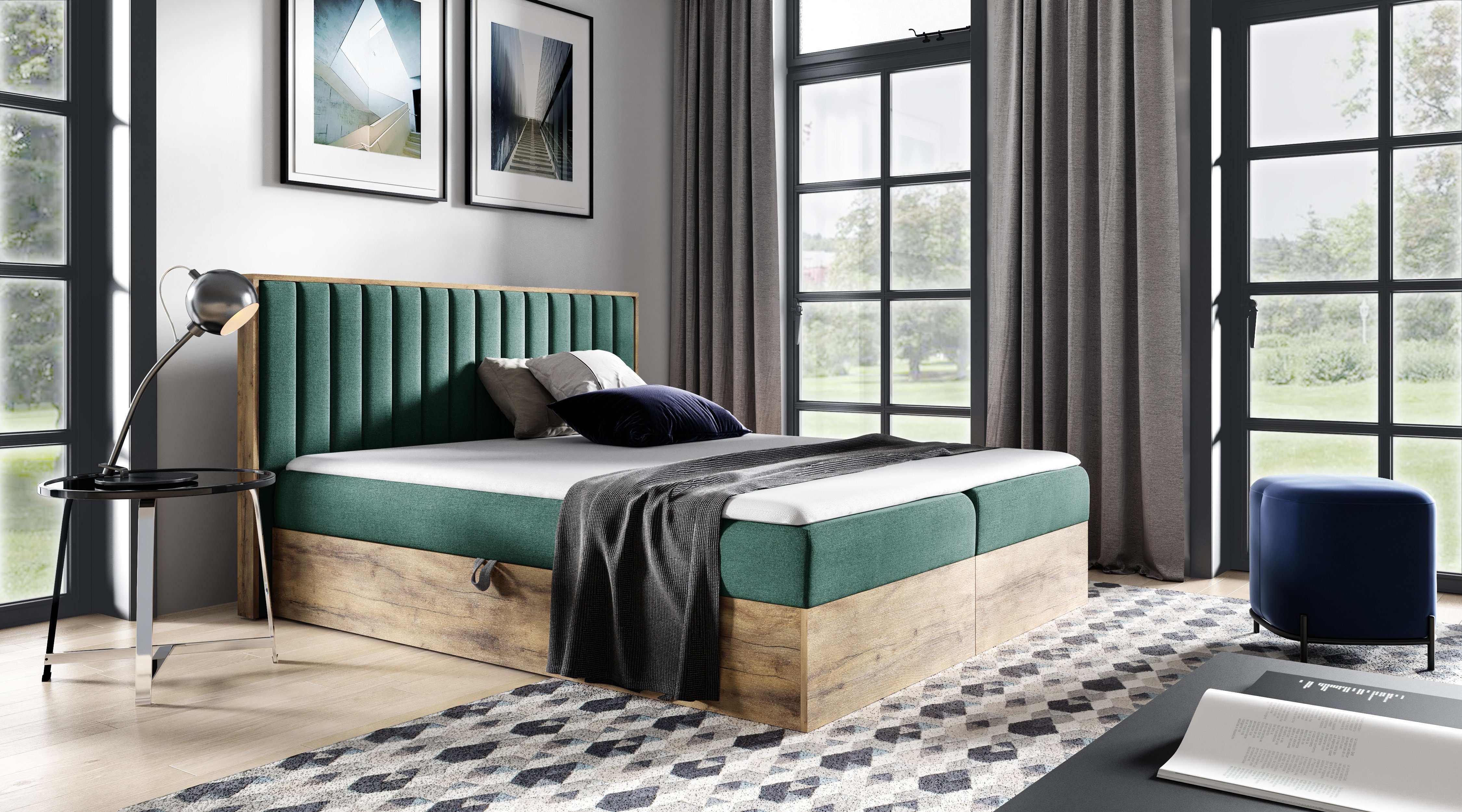 yourhouse24 Boxbett Wood IV mit zwei Bettkästen, Doppelbett mit Bonell-Matratze + Topper