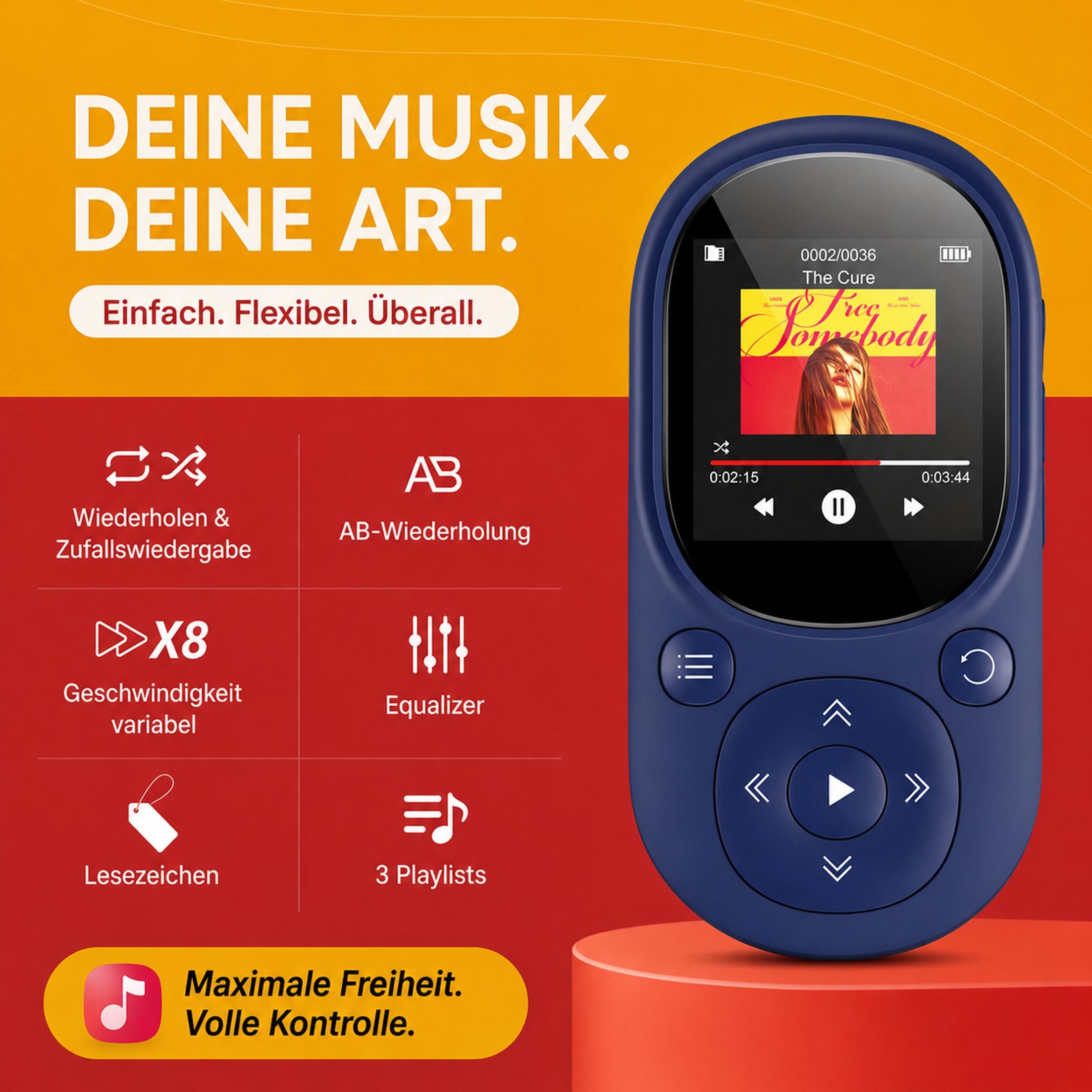 KINSI MP3 Player Bluetooth 5.3 64GB, Sport Musikplayer mit TFT Display MP4-Player (64 GB, Bluetooth, Unterstützt bis 128GB TF Karte, mit unabhängiger Lautstärketaste)