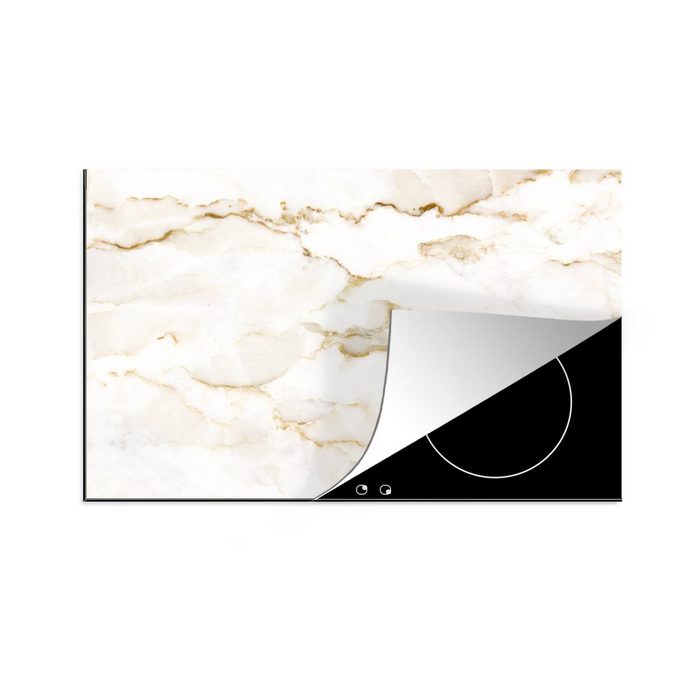 MuchoWow Herdblende-/Abdeckplatte Marmor - Limette - Gold - Luxus - Marmoroptik - Weiß Vinyl (1 tlg) Ceranfeldabdeckung Arbeitsplatte für küche