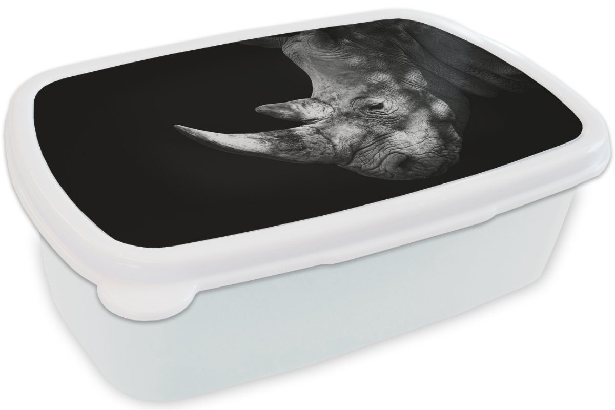 MuchoWow Lunchbox Brotbox Rhinozeros weiß für auf Kunststoff, Jungs Mädchen (2-tlg), Erwachsene, und und Kinder schwarzem Hintergrund, für Brotdose