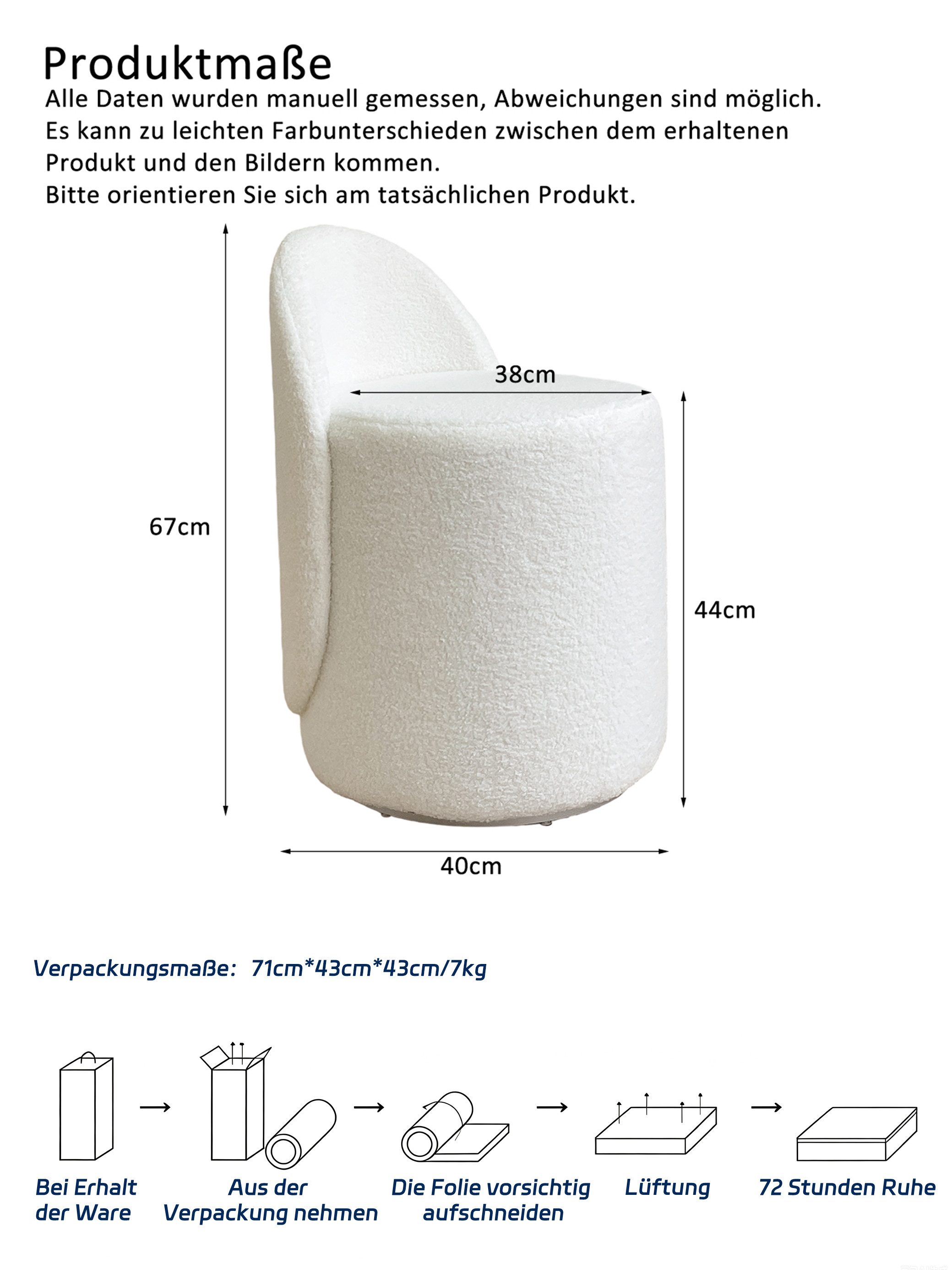 xinyuemaic Drehstuhl 360° drehbarer Schminkhocker, Teddy-Fleece, gebogene Rückenlehne (1 St), skandinavischer Luxus für Schlafzimmer, weiß – Bild 5 von 5