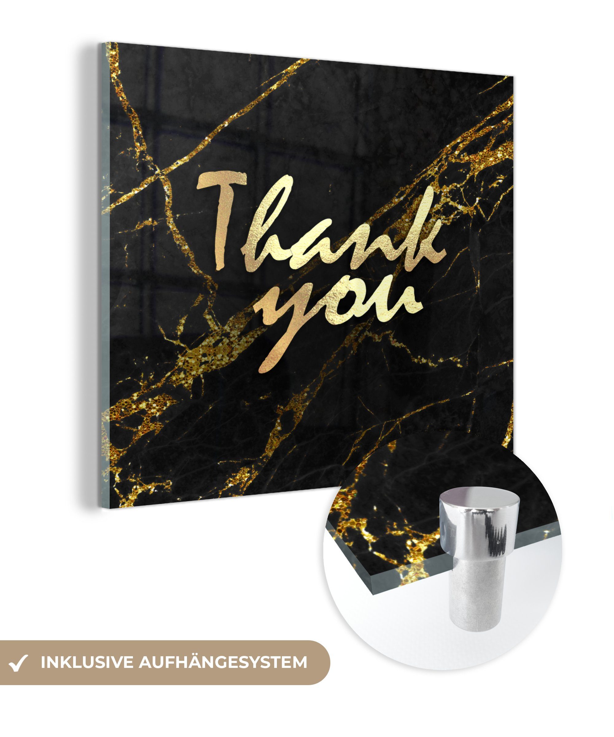 MuchoWow Acrylglasbild Zitate - Dank - Gold - Marmor, (1 St), Glasbilder - Bilder auf Glas Wandbild - Foto auf Glas - Wanddekoration