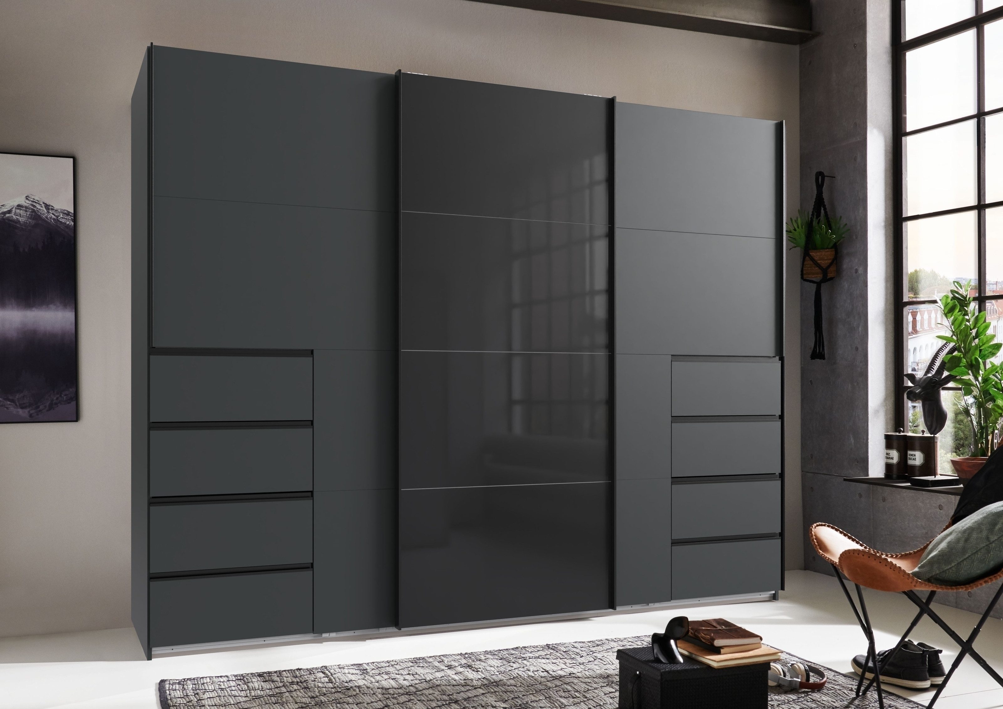 freiraum Schwebetürenschrank BALI in GRAPHIT / GLAS SCHWARZ - 270x208x64cm (BxHxT)