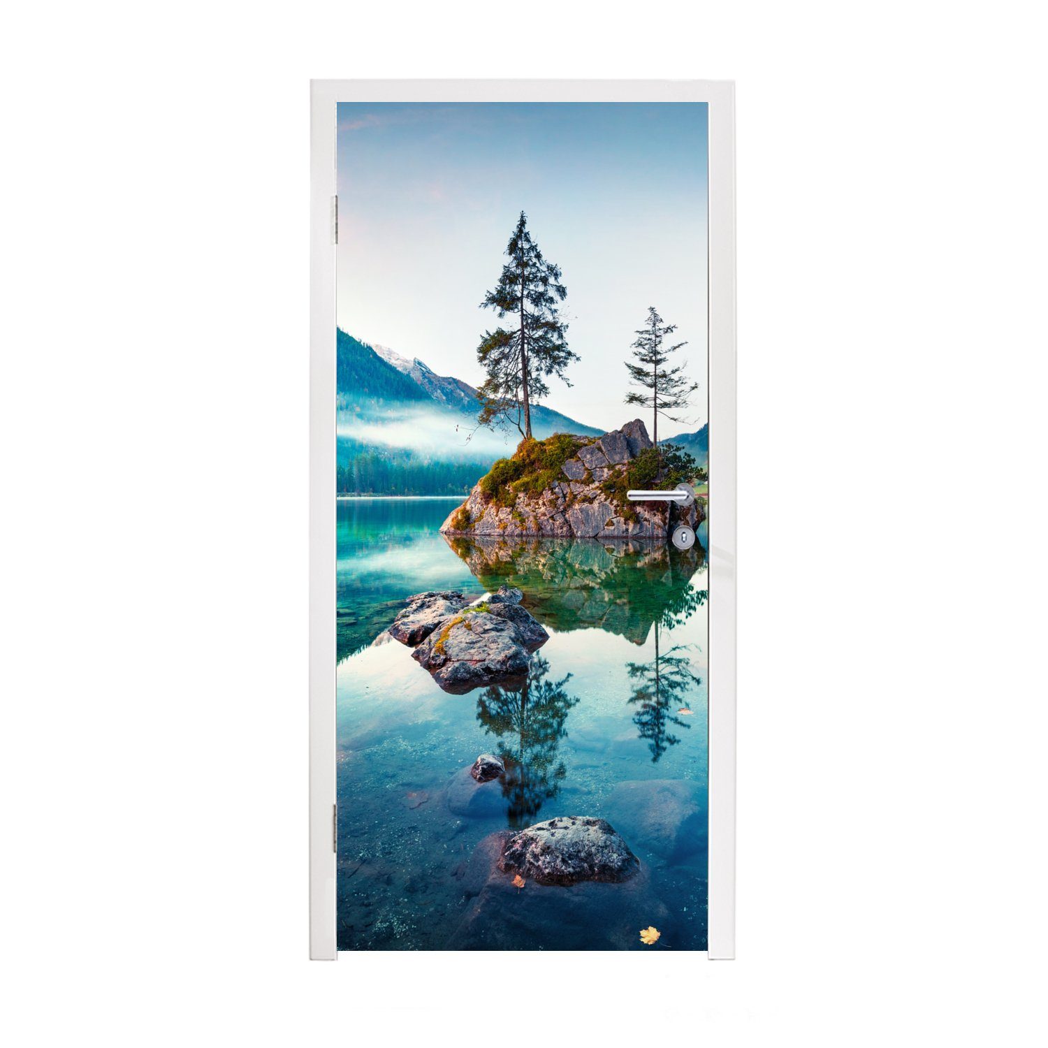 MuchoWow Türtapete Berge - See - Bäume - Natur - Wasser, Matt, bedruckt, (1 St), Fototapete für Tür, Türaufkleber, 75x205 cm