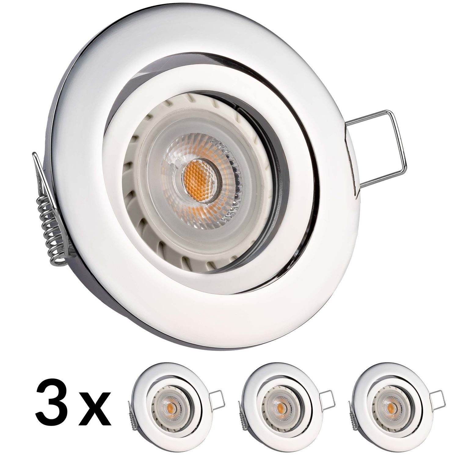 LEDANDO LED Einbaustrahler 3er LED Einbaustrahler Set Chrom mit LED GU10  Markenstrahler von LEDANDO - 7W - schwenkbar - warmweiss - 30°  Abstrahlwinkel - A+ - 50W Ersatz - LED Einbauleuchte 7 Watt