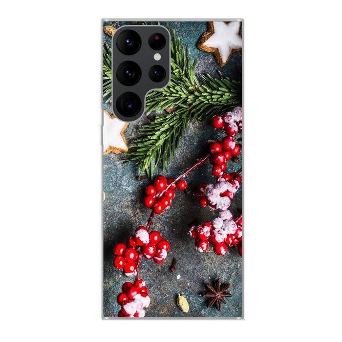 MuchoWow Handyhülle Weihnachten - Rustikal - Zweige - Sternanis - Beeren - Rot Phone Case Handyhülle Samsung Galaxy S22 Ultra Silikon Schutzhülle