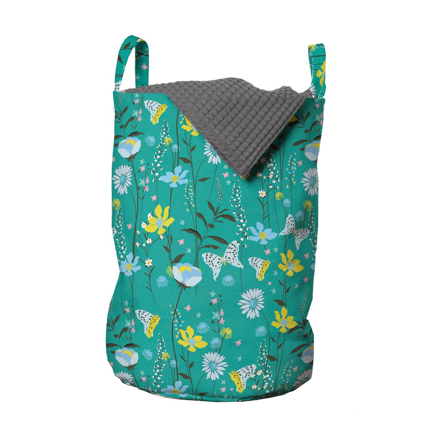 Abakuhaus Wäschesäckchen Wäschekorb mit Griffen Kordelzugverschluss für Waschsalons, Blumen Wilde Blumen und Schmetterlinge