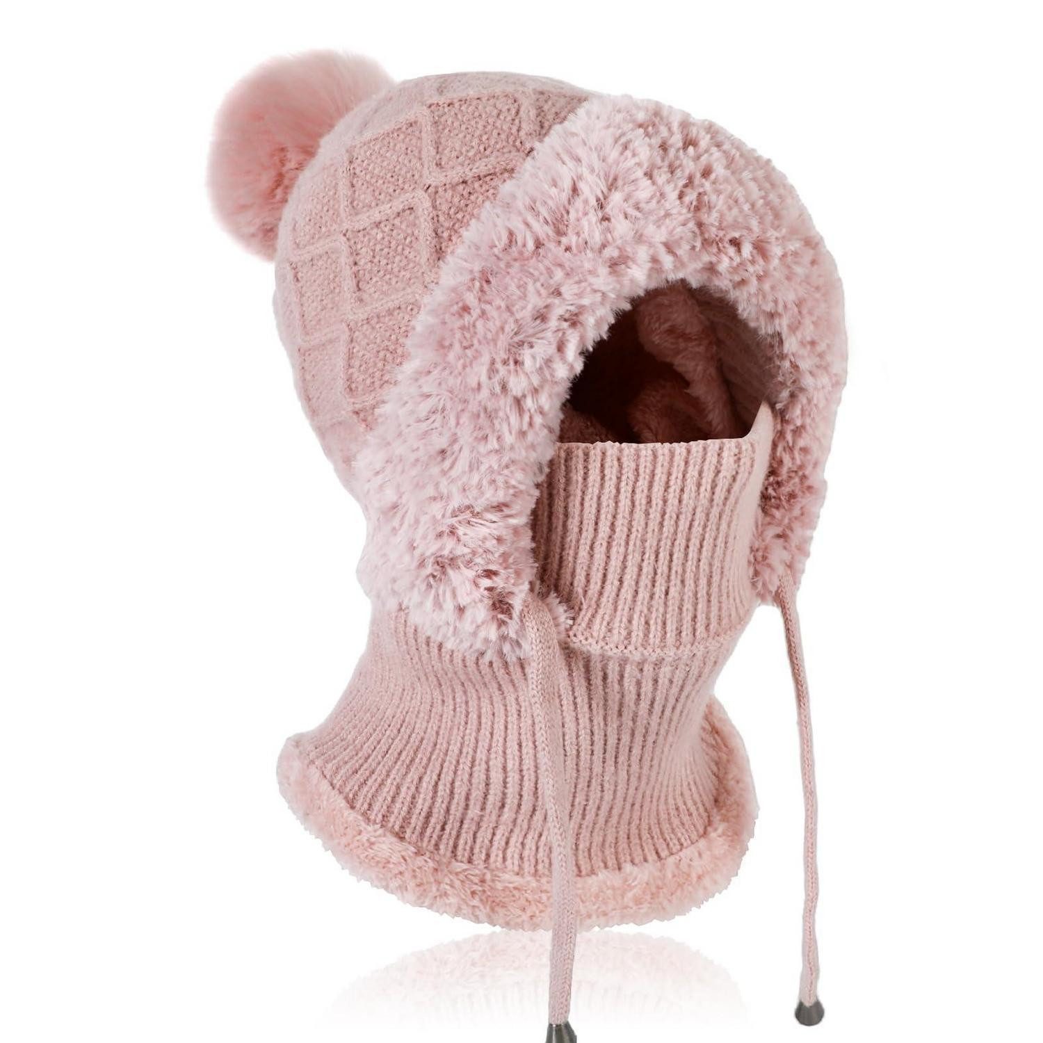 Sturmhaube Strickmütze Thermo 3in1 Halswärmer Sturmhaube Fleece Damen Rosa