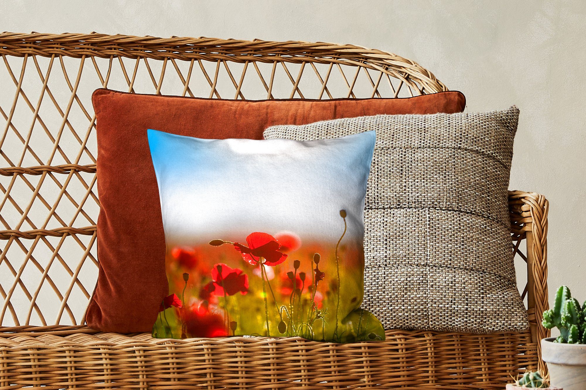 Schlafzimmer, Dekokissen Himmel., blauen Mohnblumen unter Zierkissen Sofakissen für Füllung einem mit MuchoWow Deko, klaren Wohzimmer,