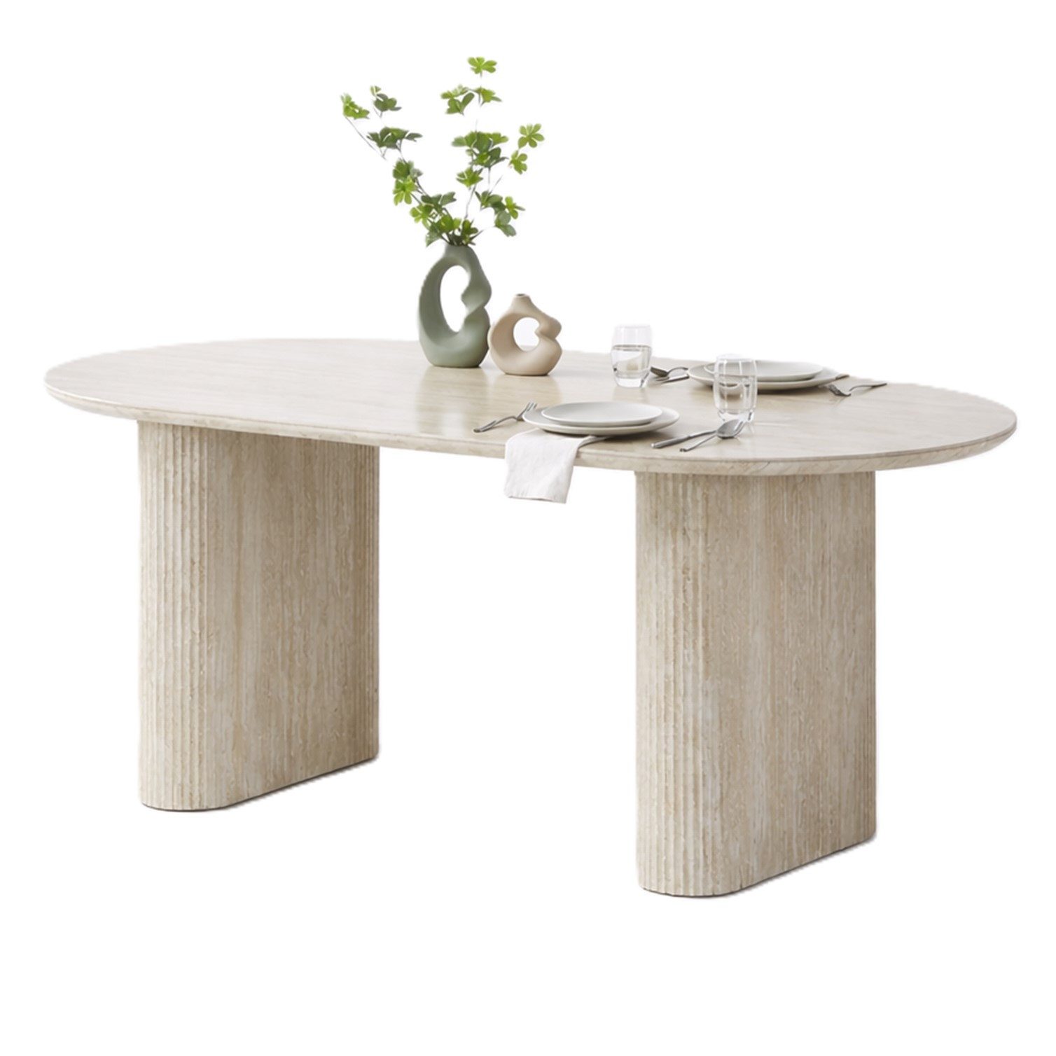 HOOZ Wohnzimmertisch Esstisch oval modern Keramikplatte Traventin-Optik Säule Mond 180x90cm (Set, 1× Esstisch), Keramik-Tischplatte, verschiedene Varianten, pflegeleicht & stabil
