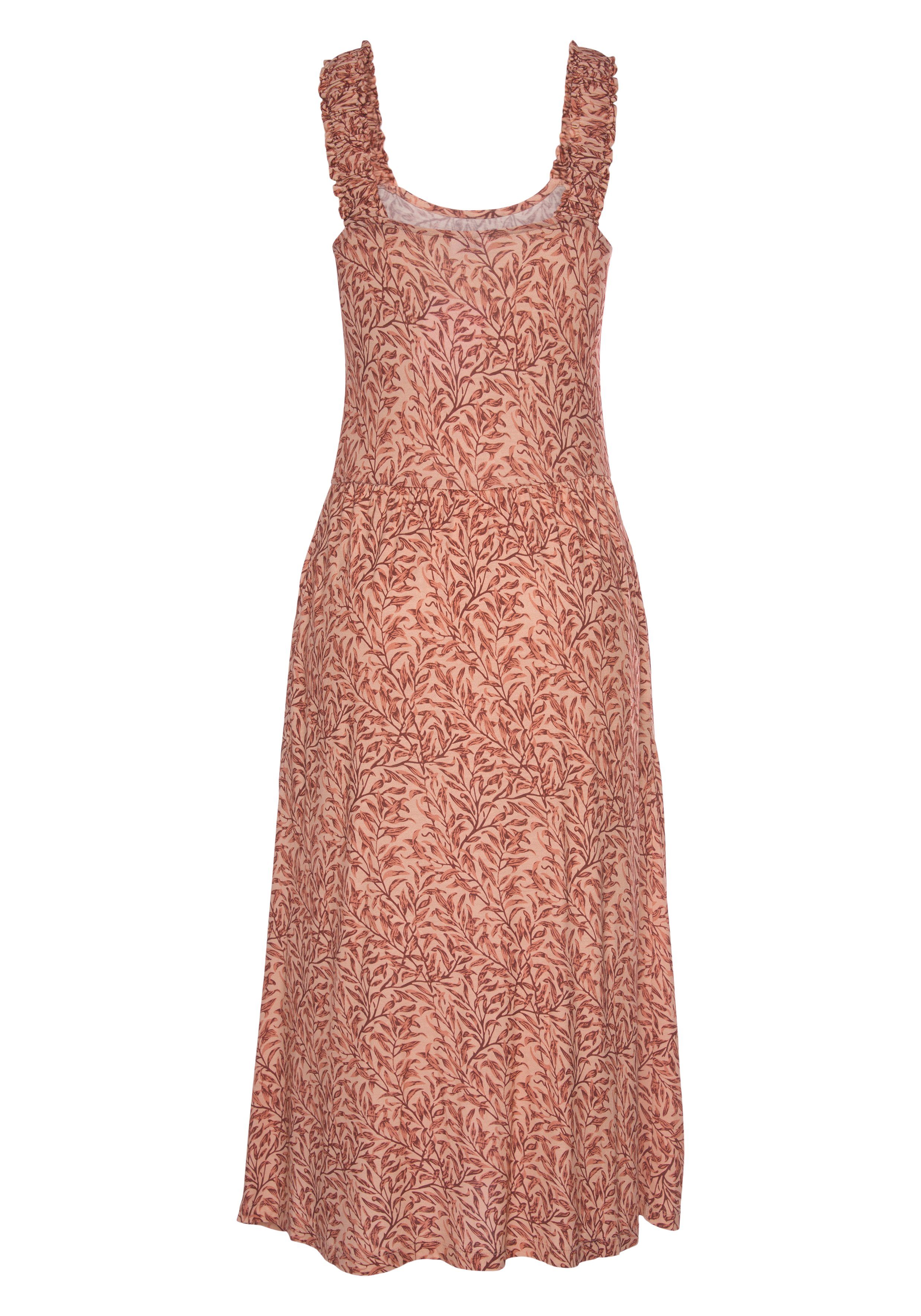 Beachtime by Lascana Jerseykleid mit Taschen, kniebedeckendes Sommerkleid aus Viskose mit Blätterdruck Luftiges Strandkleid, Trägerkleid, Midikleid, figurumspielend Basic
