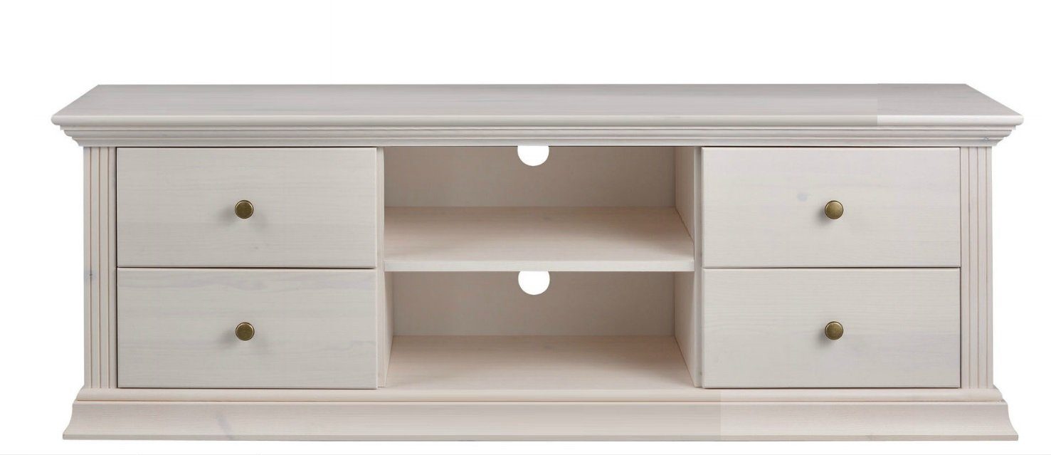 Clever-Moebel TV-Schrank TV Lowboard Kiefernholz weiß, TV-Schrank im Landhausstil Breite 141cm, Höhe 47cm, Tiefe 39cm