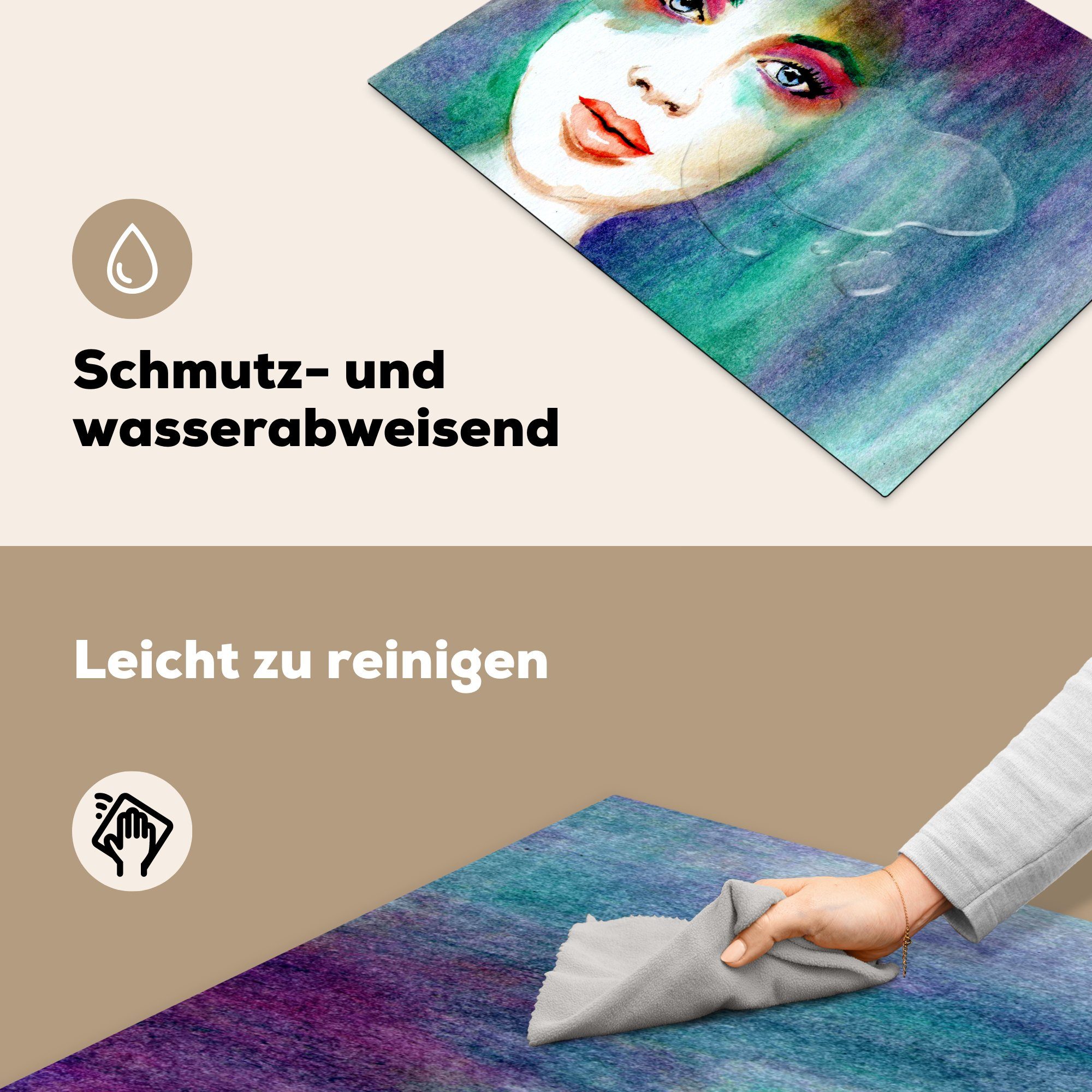 MuchoWow Herdblende-/Abdeckplatte Buntes für Ceranfeldabdeckung (1 Schutz Frau, küche, Vinyl, cm, die 71x52 Induktionskochfeld Kunstwerk einer tlg)