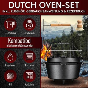 GUSSKÖNIG Grilltopf GUSSKÖNIG Dutch Oven Set [4.5 L] mit 2in1 Deckelheber, Gusseisen (Mit Standfüßen, 6-tlg)