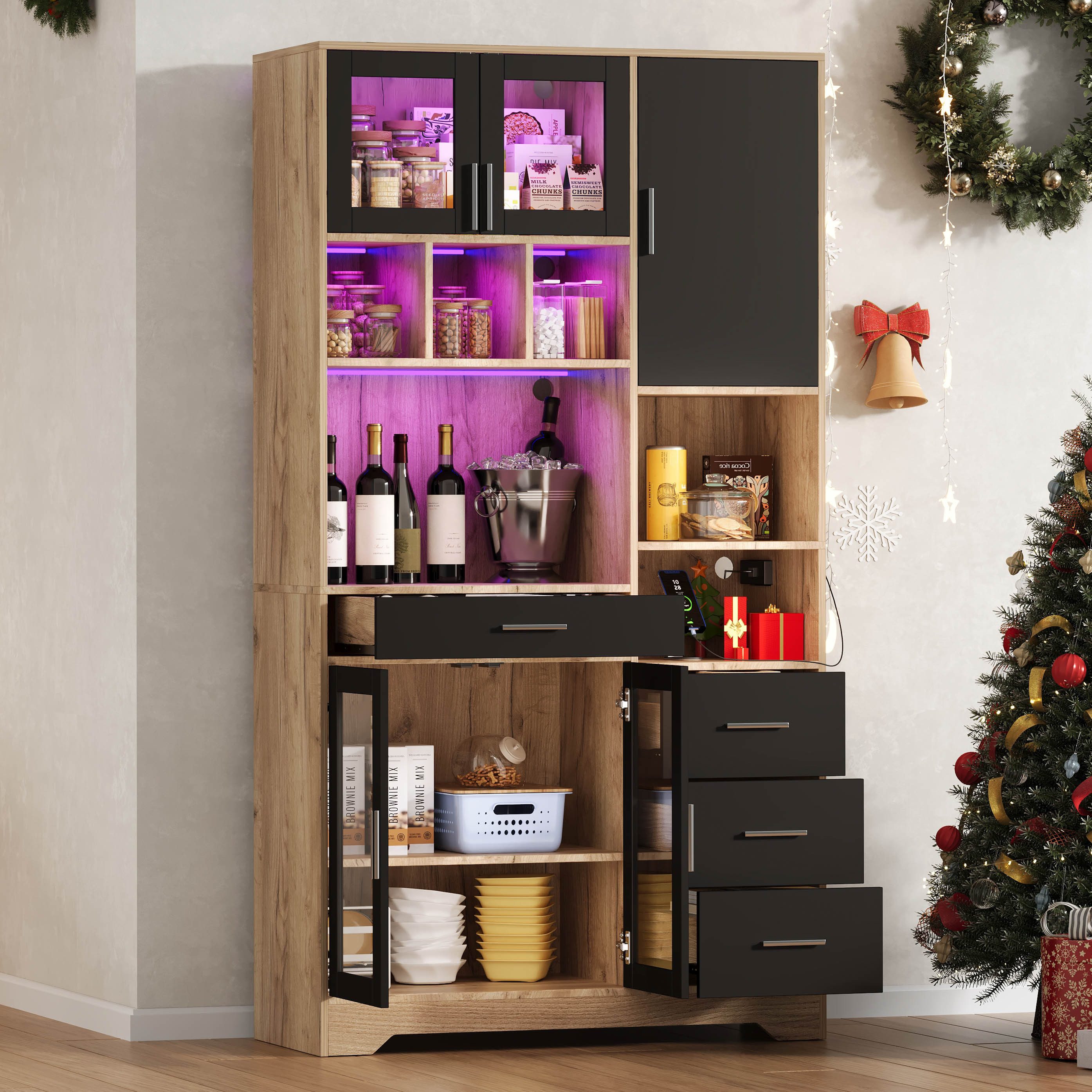 Flieks Küchenbuffet mit LED-Beleuchtung, Steckdosen und verstellbarer Regalen (1-St., 100x40x185 cm) Hochschrank Küchenschrank Geschirrschrank mit Schubladen und Glastüren