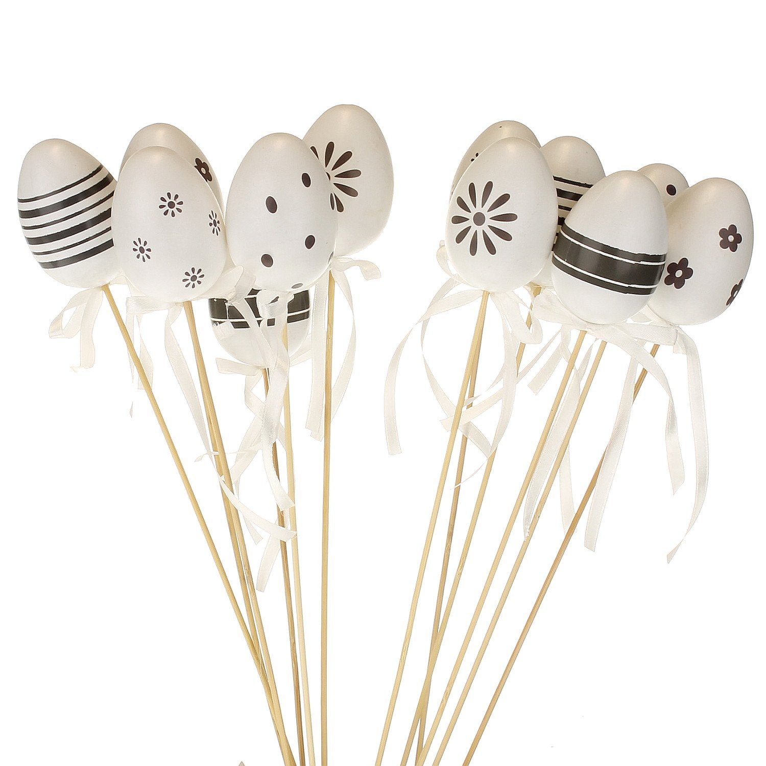 Macosa Home Osterei Osterdekoration Tischdeko Dekoeier Frühlingsdeko Ostereier bemalt (schwarz weiß modern, 12 St), 12er Set Kunststoff Oster-Eier auf Stab Taupe Oster-Deko