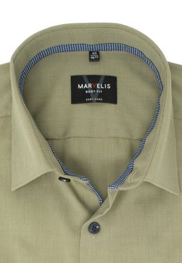 MARVELIS Businesshemd Businesshemd - Body Fit - Langarm - Einfarbig - Olive