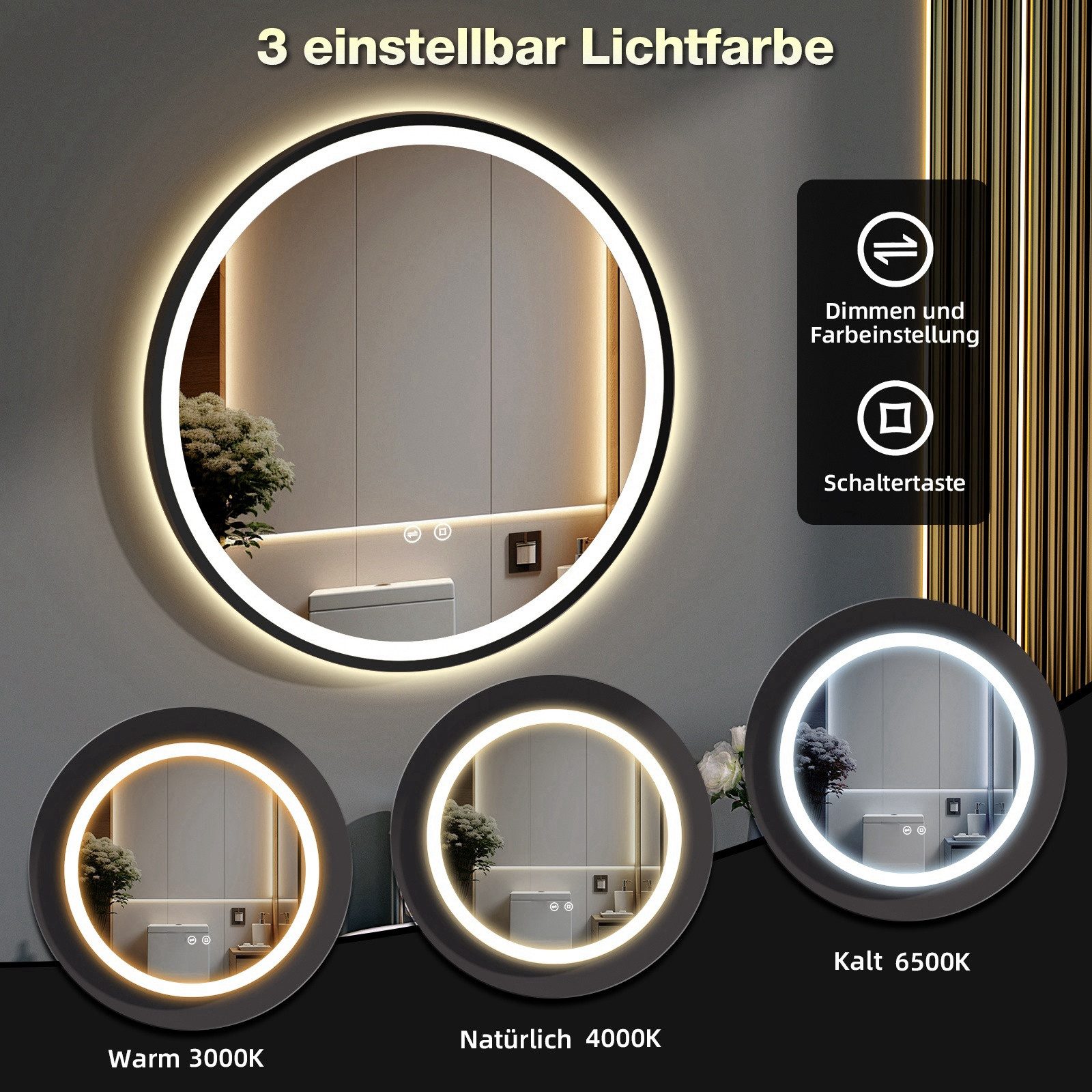 GIMBELEN Badspiegel LED-Badezimmer-Spiegel, dimmbar, Runder LED-Badspiegel 50cm, Touch, 3 Lichtfarben 3000K/4000K/6500K
