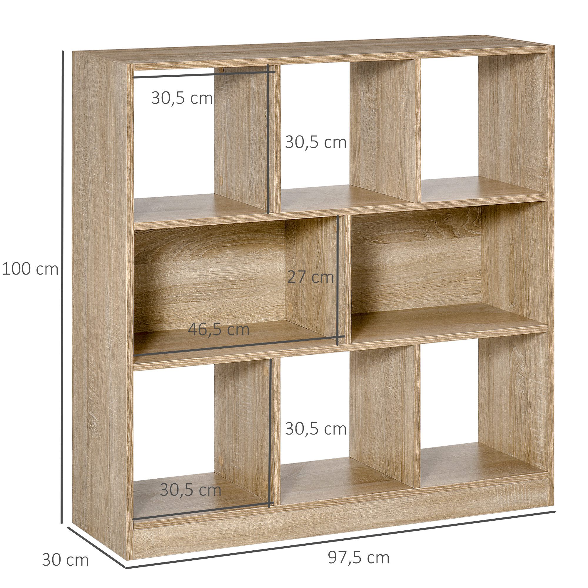 HOMCOM Bücherregal Standregal mit 8 Fächern Würfelregal für Schlafzimmer, Büro, Büroregal 1-tlg., für Home-Office Wohnzimmer Natur 97,5 x 30 x 100 cm – Bild 3 von 5