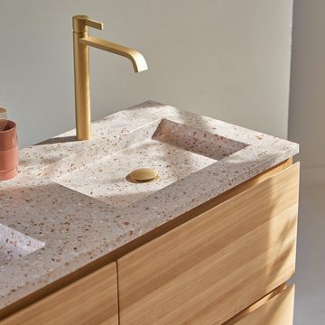 Tikamoon Waschtisch Badezimmermöbel aus massivem Teakholz und Premium-Terrazzo Rosa 120 cm