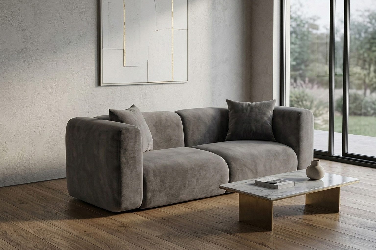 Kaiser Möbel Sofa 2-Sitzer für das Wohnzimmer aus Velvet-Stoff Bluvel GRETA, Modulares Design,2 Dekokissen inklusive,Samtweicher Velvet-Bezug