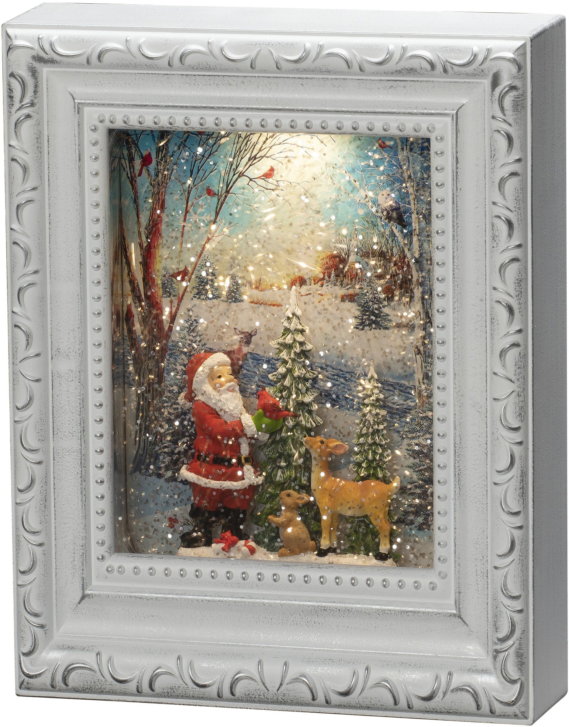 KONSTSMIDE LED Laterne Weihnachtsdeko, "Weihnachtsmann Wasserlaterne, mit Tieren" LED weiß, Bilderrahmen, Warmweiß, fest integriert, antik