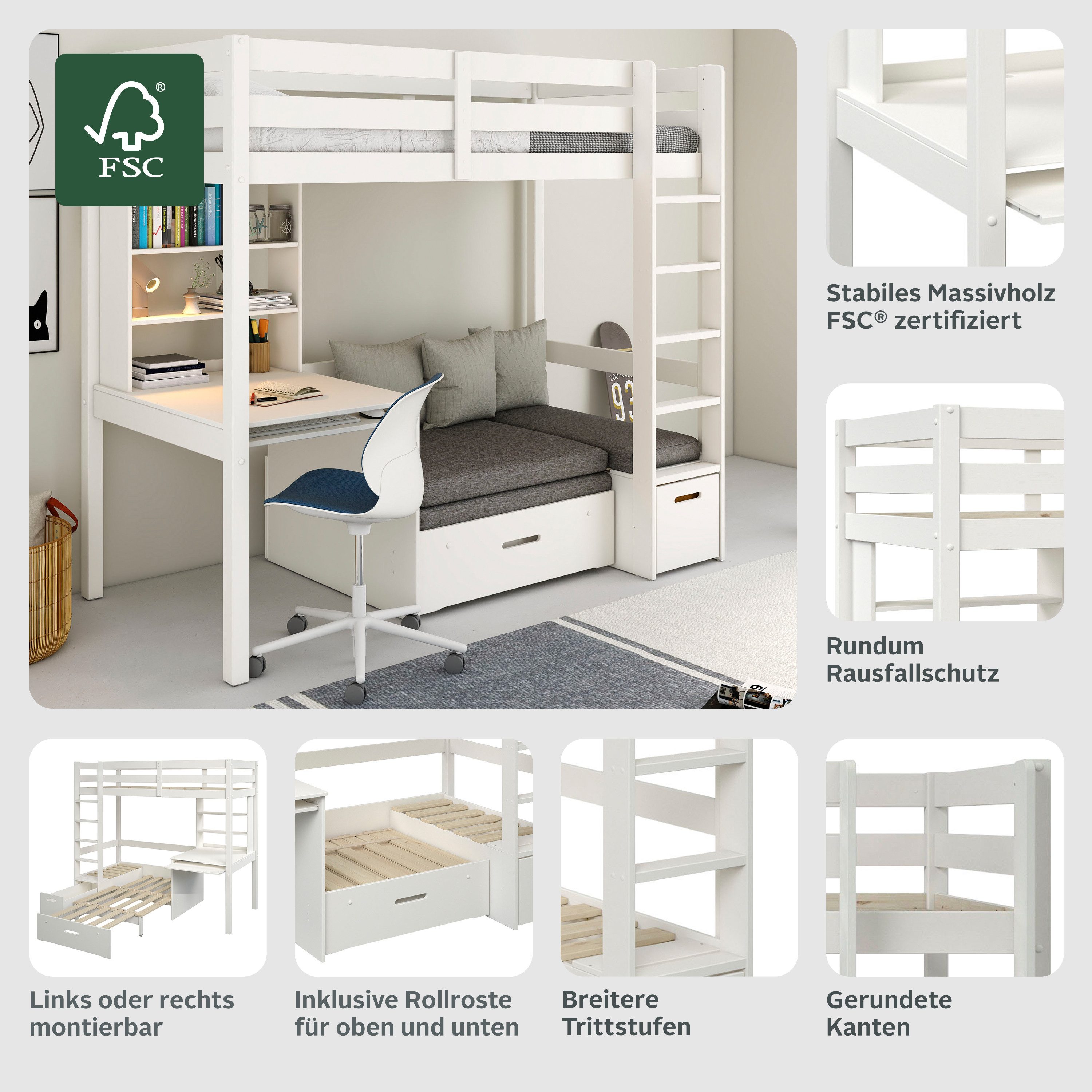 OTTO home Etagenbett HENNE' TOPSELLER! Hochbett, Ideal für kleine Räume, 2 Schlafplätze (zweiter Schlafplatz ausziehbar, B/H/T ca. 208/180/105cm), mit Polsterauflagen, Schreibtisch, Stauraum, seitenverkehrt montierbar